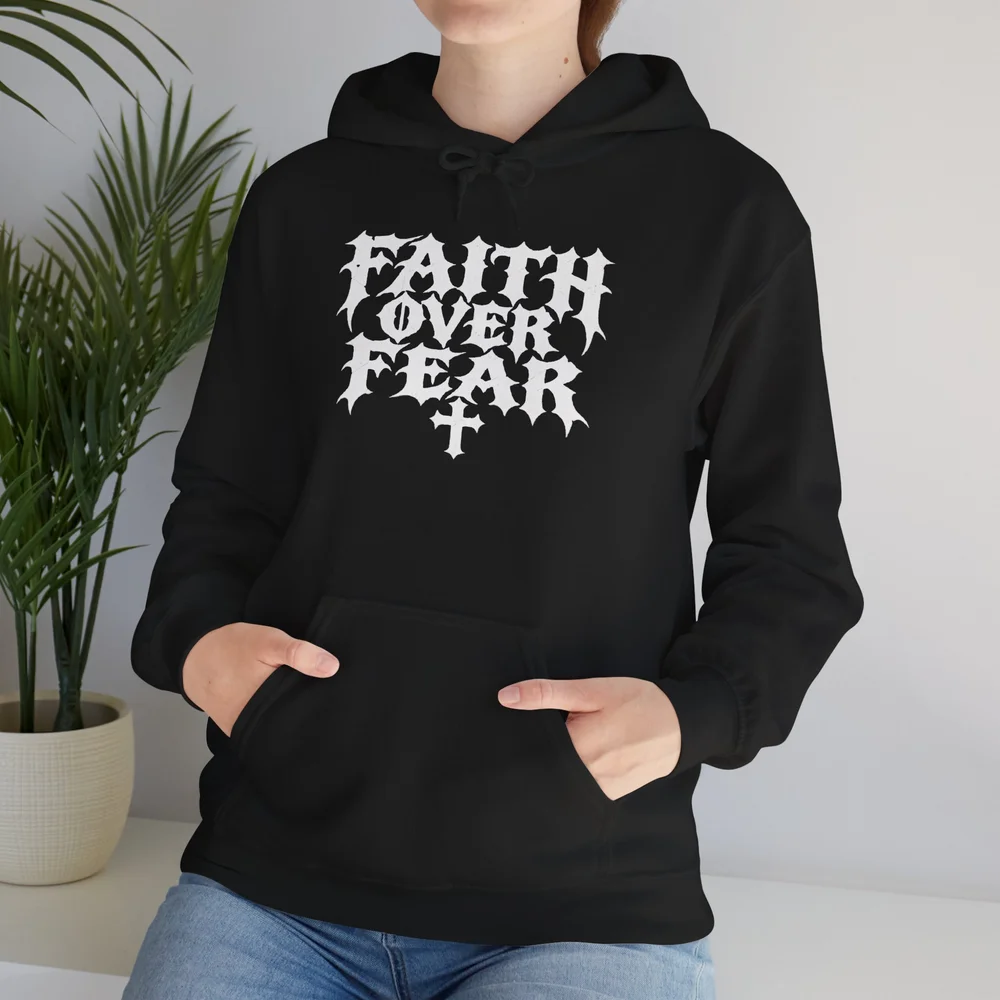 Faith Over Fear Gothic Cross Hoodie — Distressed White Print — accurate finished-product mockup