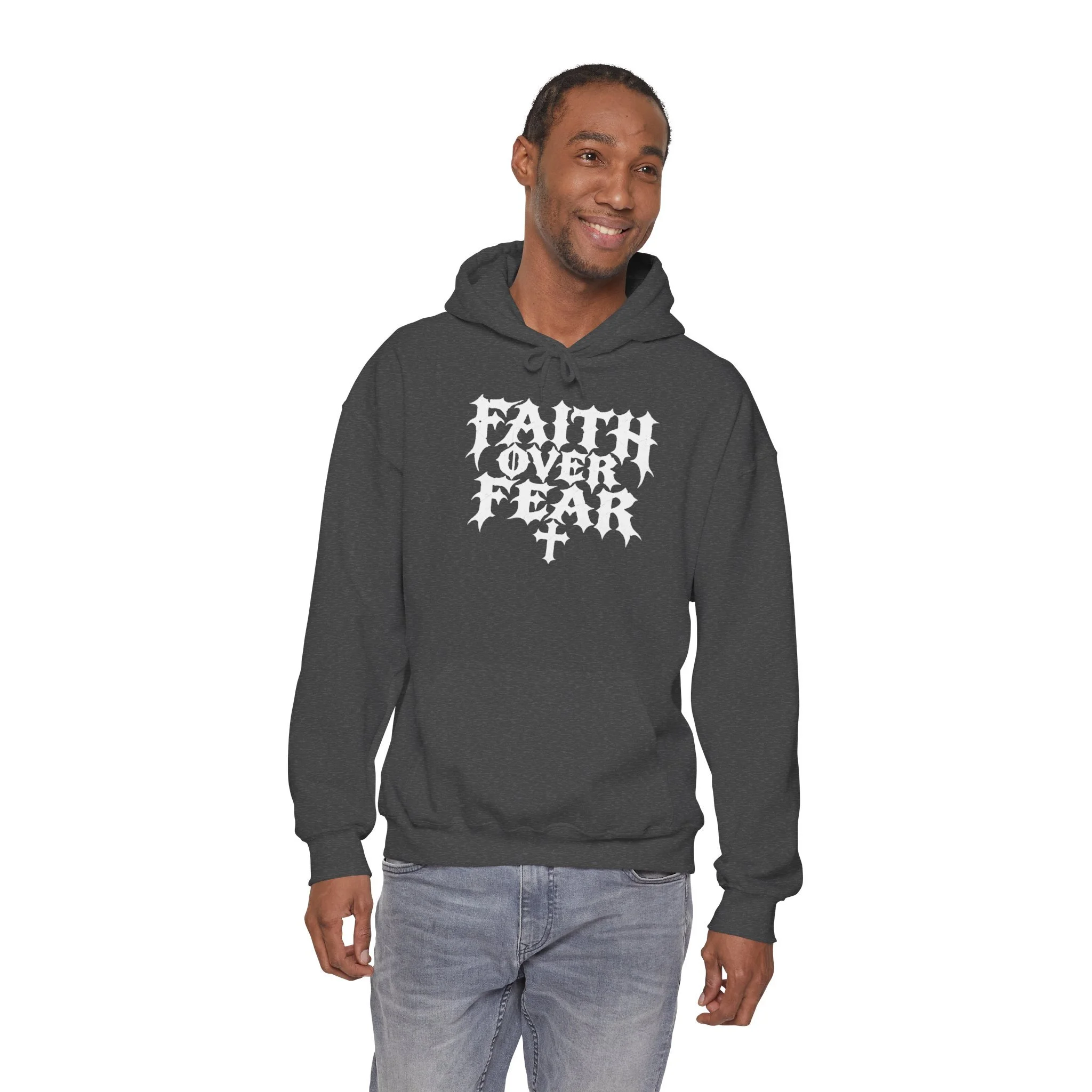 Model wearing the Dark Heather Faith Over Fear hoodie, front view.