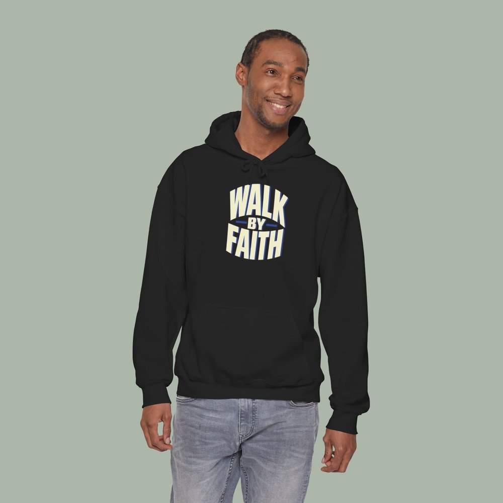 Walk by Faith Hoodie — Original Ivory & Cobalt Lettering — accurate finished-product mockup