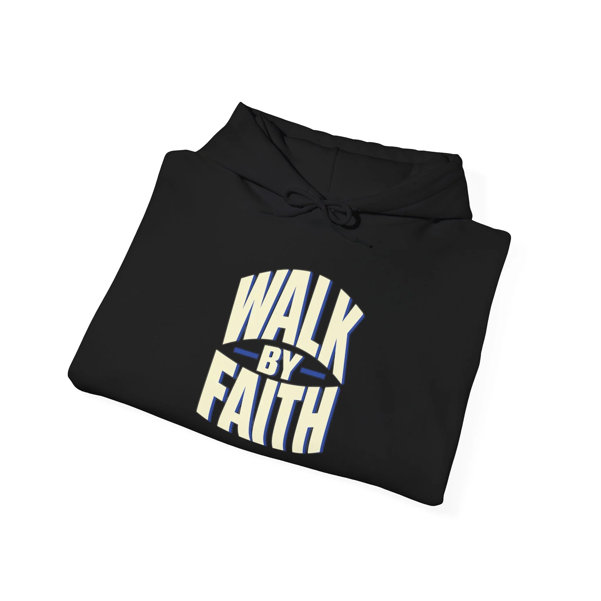 Folded Black Walk by Faith hoodie showing the ivory and cobalt front print.