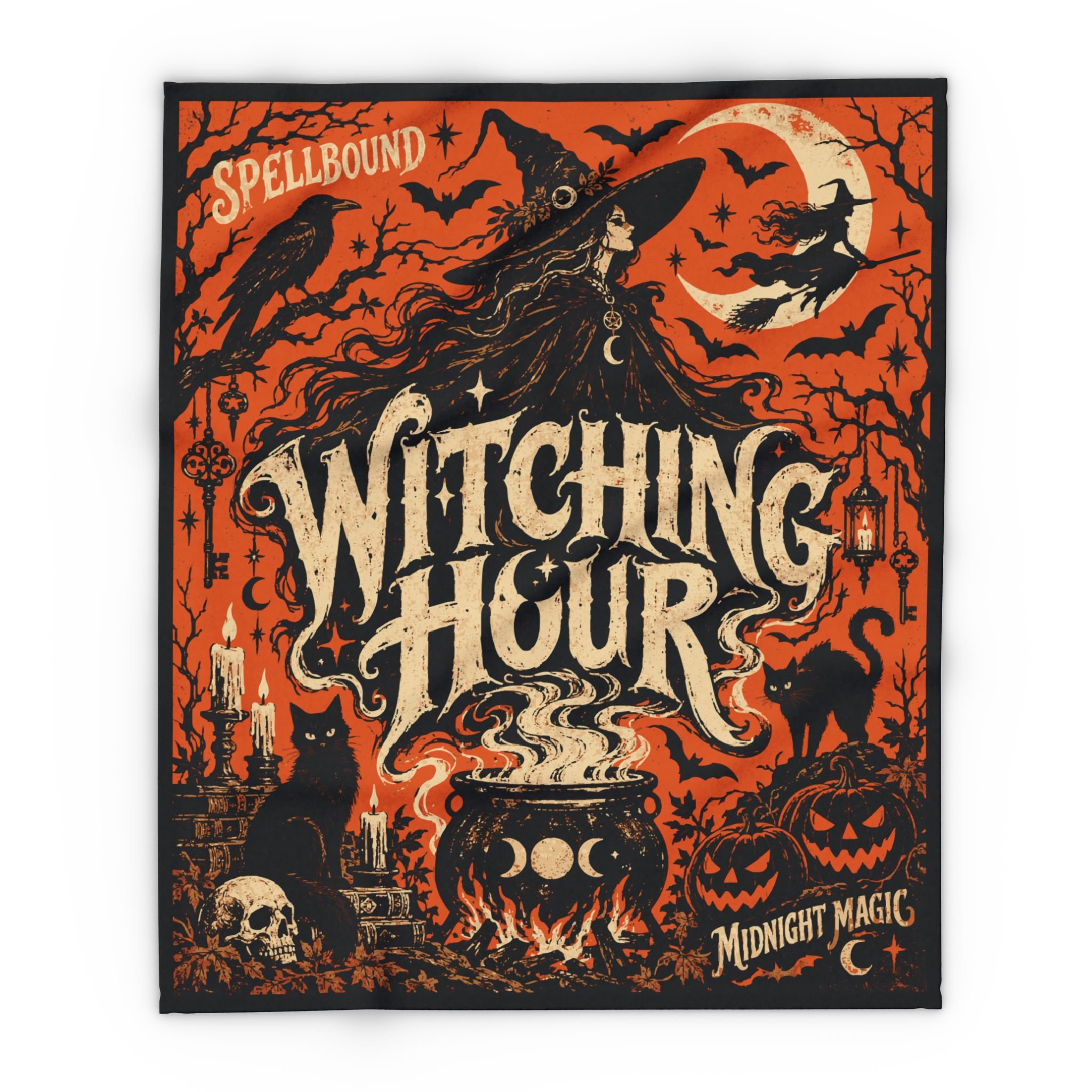 Full front of the 50 × 60 inch Witching Hour blanket showing Spellbound, Witching Hour and Midnight Magic lettering.