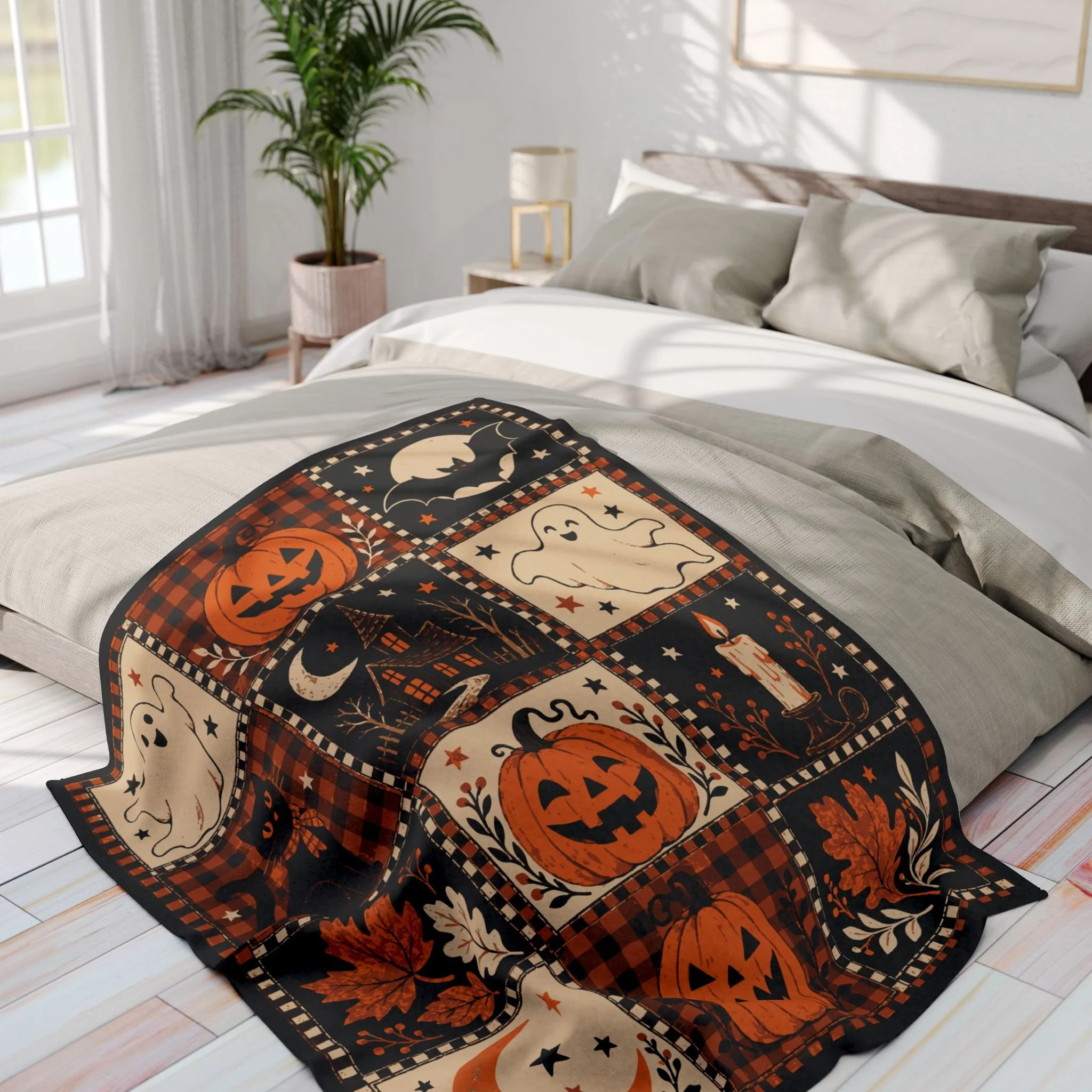 Vintage Halloween Patchwork fleece blanket spread over a bed, showing its orange, ivory and charcoal Halloween panels.