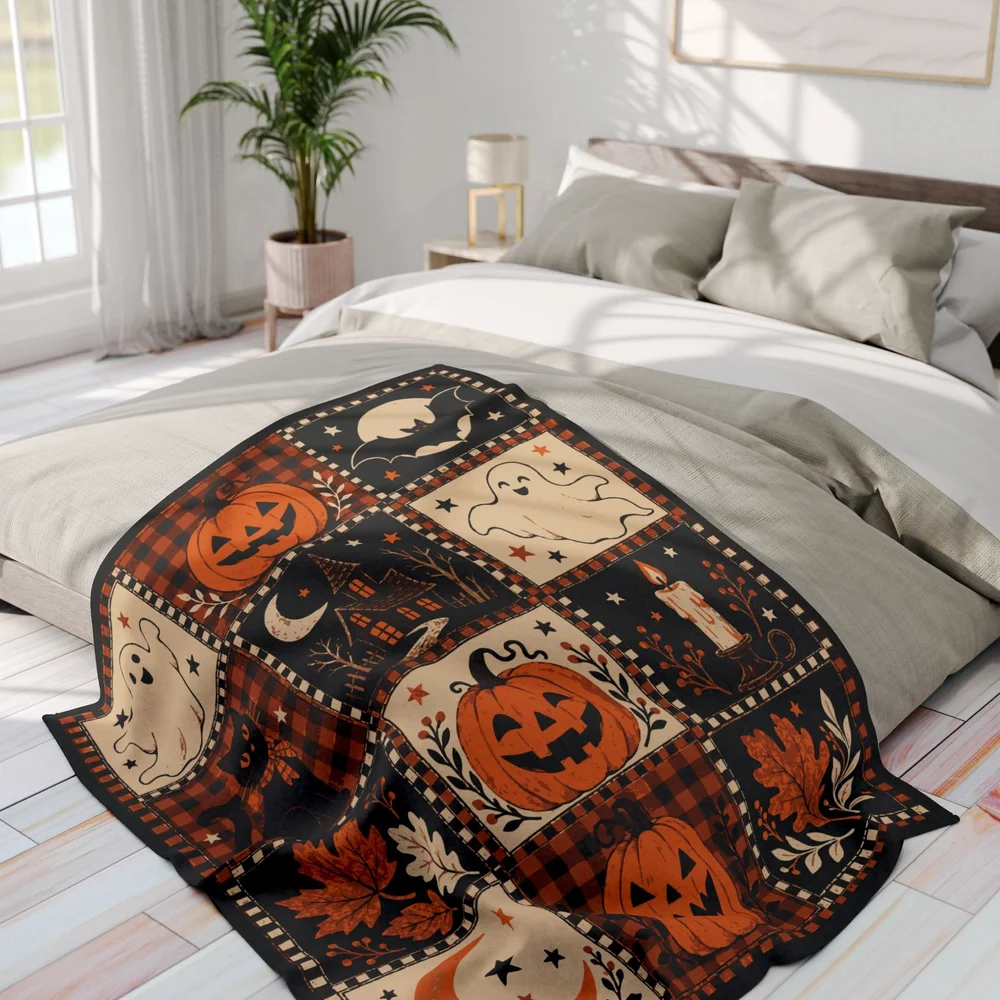 Vintage Halloween Patchwork Print Fleece Blanket — 50 × 60 Inch Throw — accurate finished-product mockup