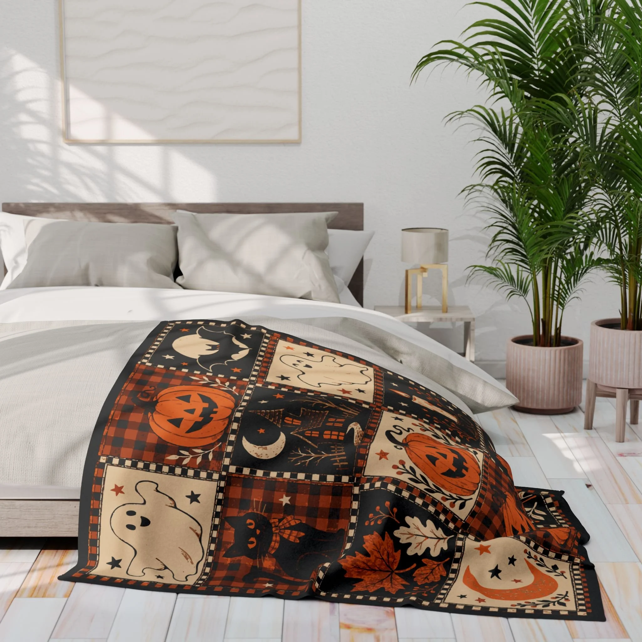 Alternate bedroom view of the Vintage Halloween Patchwork fleece blanket with printed pumpkins, ghosts and seasonal motifs.