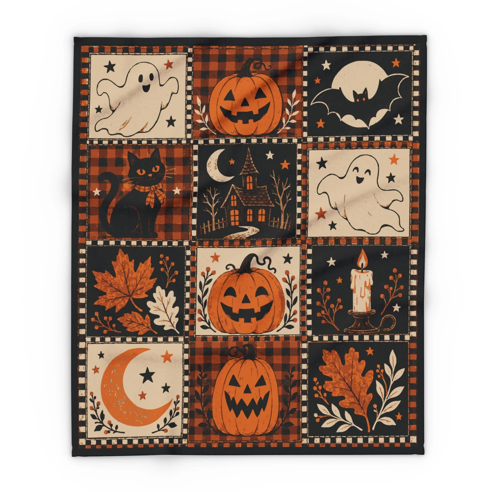Full front of the 50 × 60 inch Vintage Halloween Patchwork fleece blanket, showing all twelve printed panels.