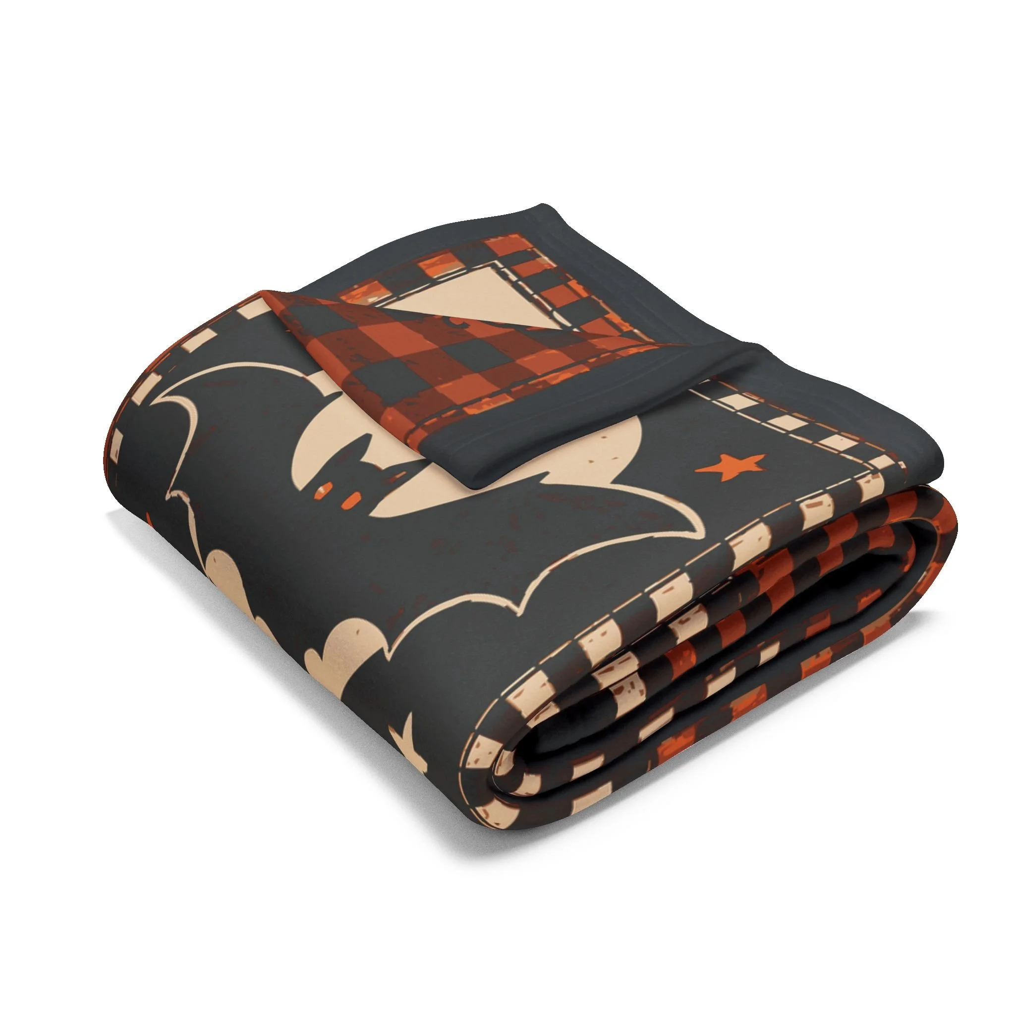 Folded Vintage Halloween Patchwork fleece blanket showing its Halloween print and dark reverse.