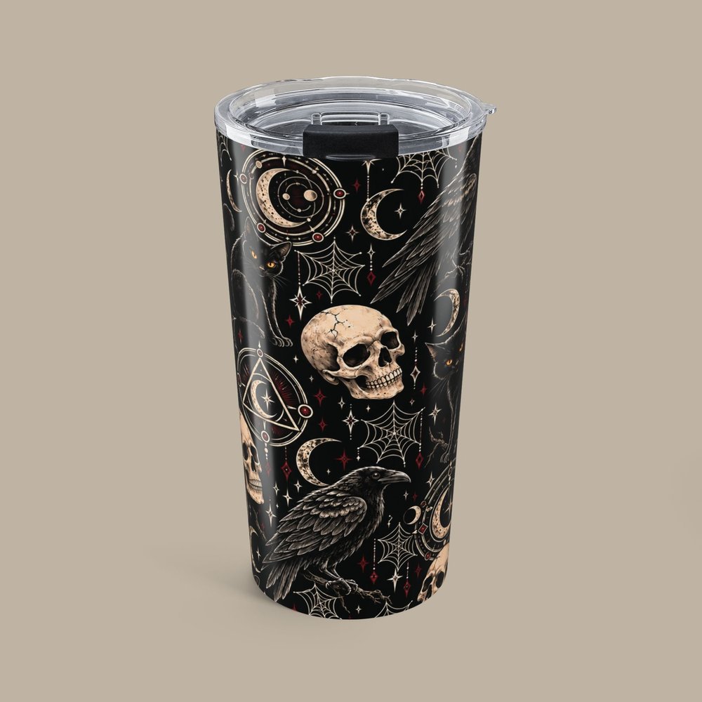 Gothic Magic 20oz Insulated Tumbler — Skulls, Ravens & Moons — accurate finished-product mockup