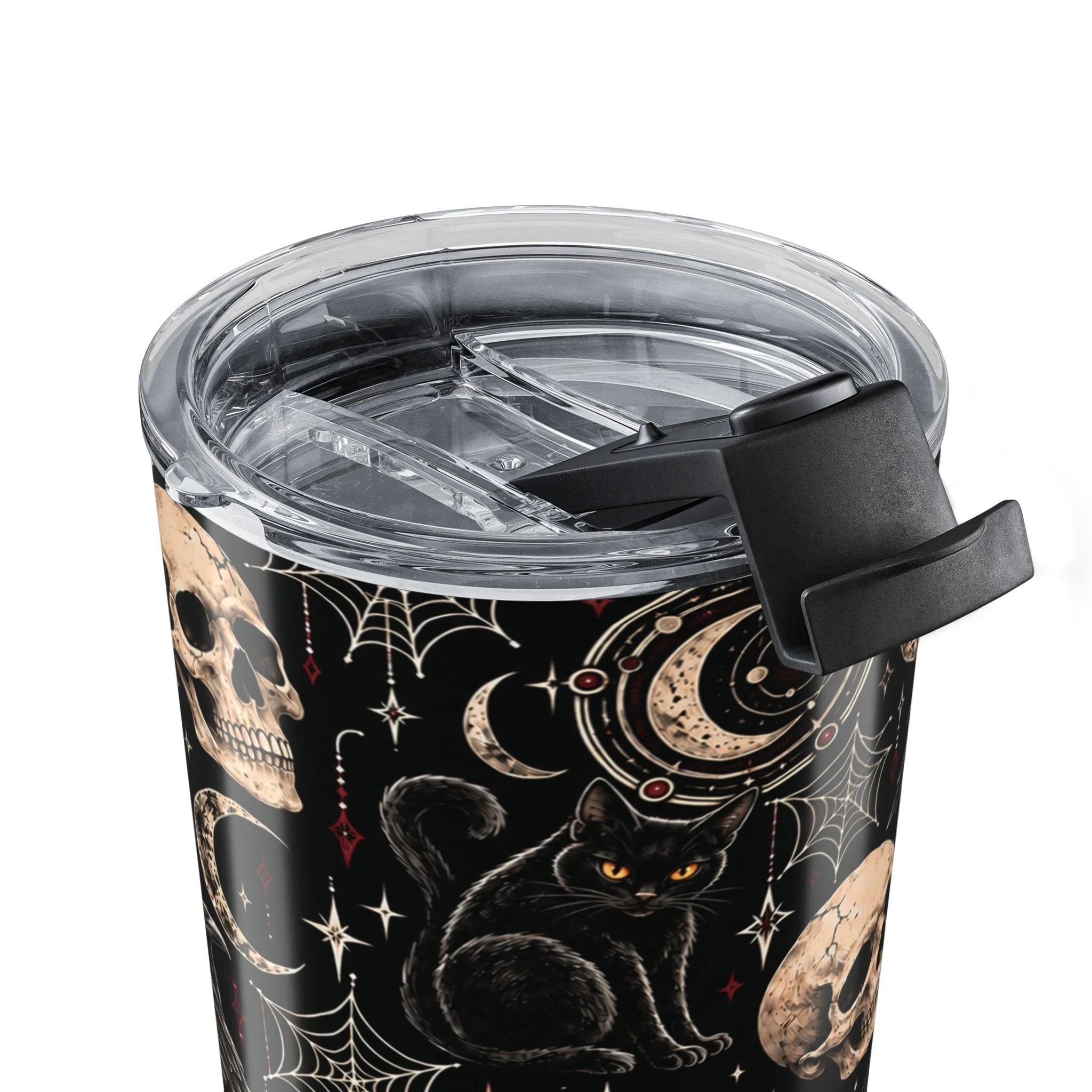 Close-up of the Gothic Magic tumbler wrap and clear push-on lid.