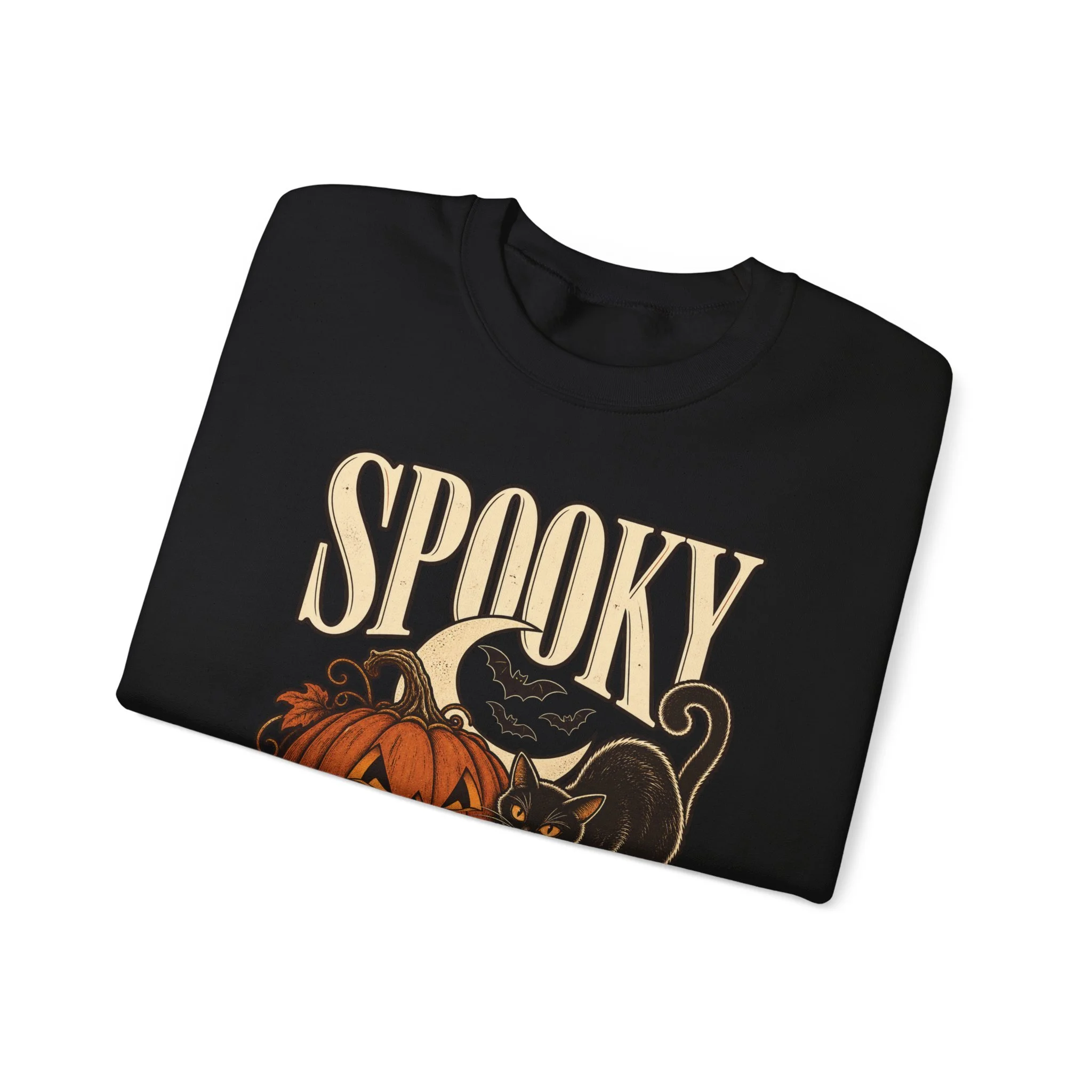 Folded Black Spooky Season sweatshirt showing the artwork