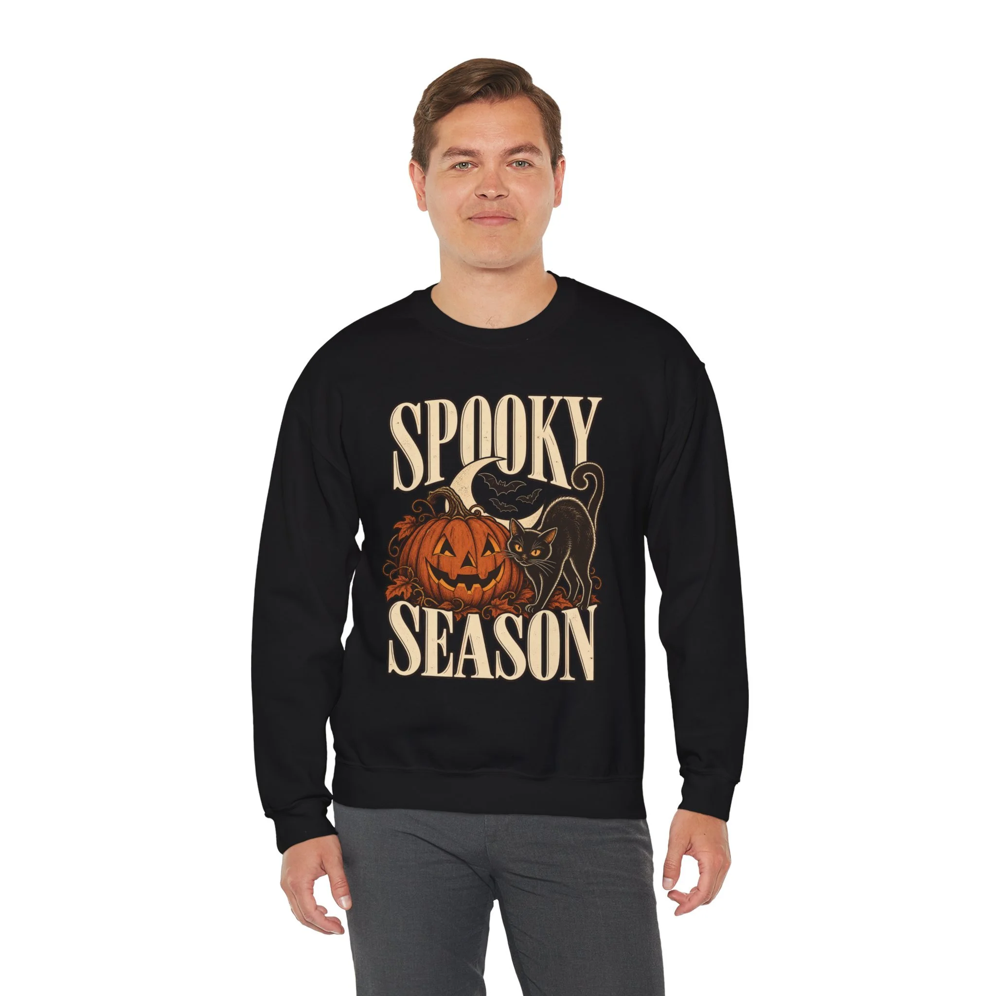 Standing model wearing Black Spooky Season crewneck