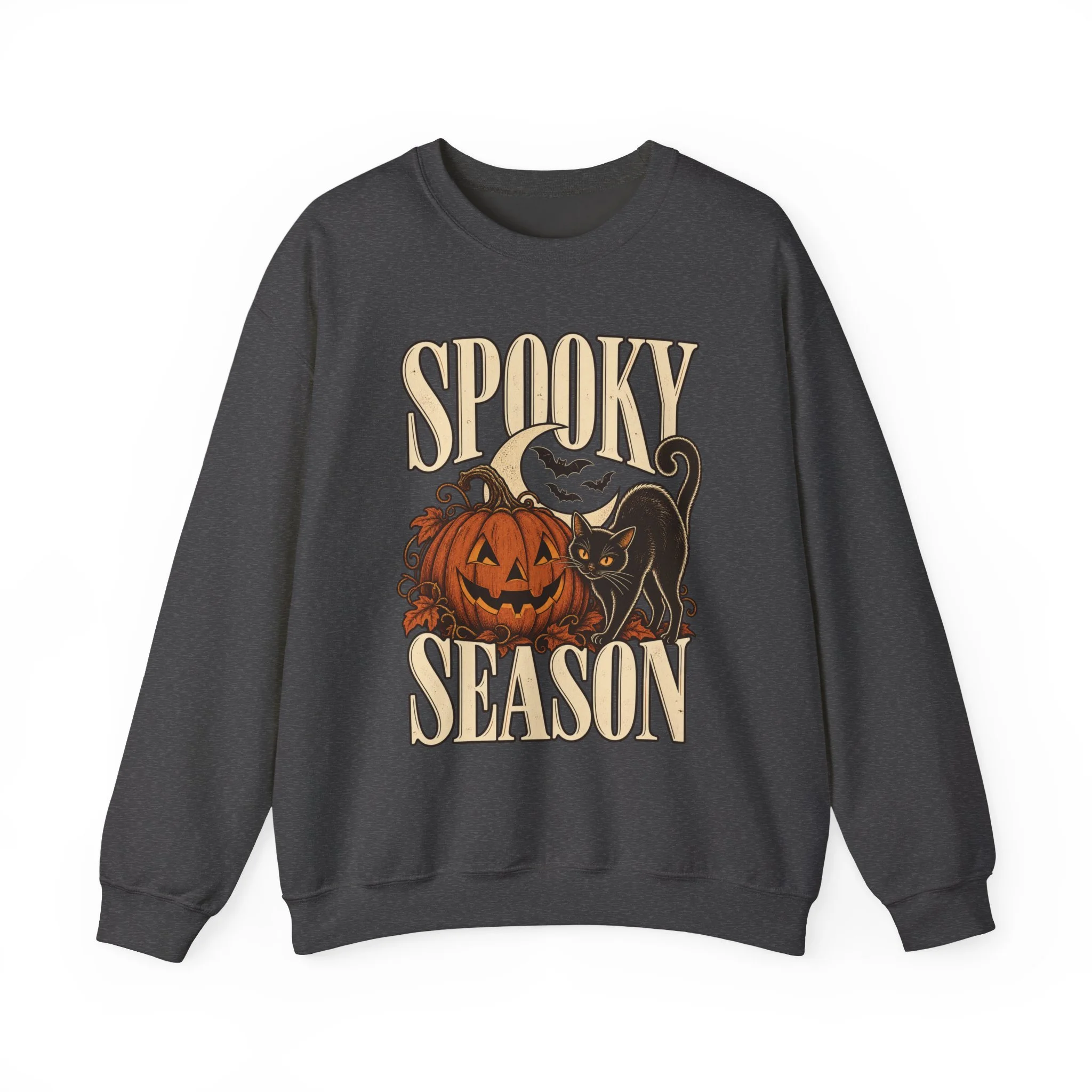 Dark Heather Spooky Season sweatshirt with the complete front artwork