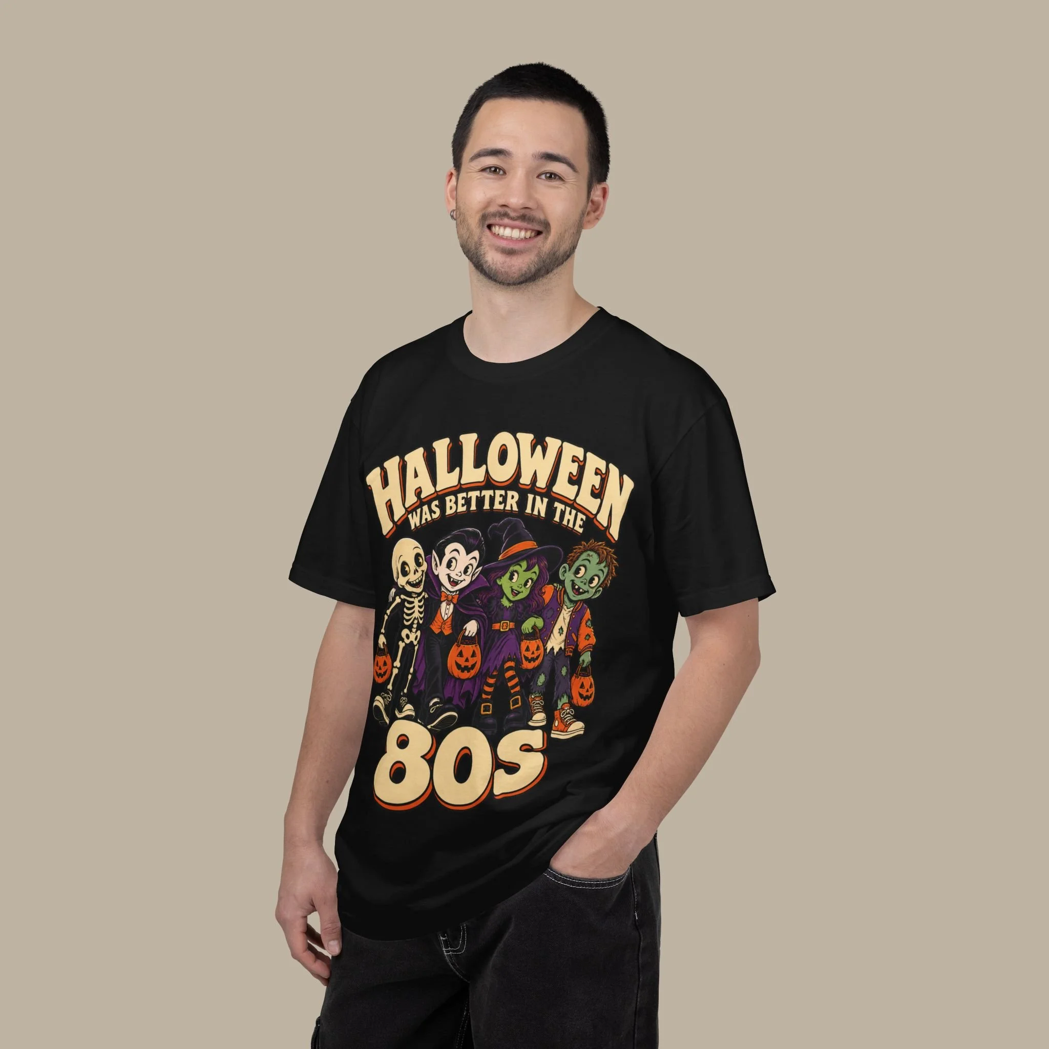 Standing model wearing Black Halloween Was Better in the 80s tee