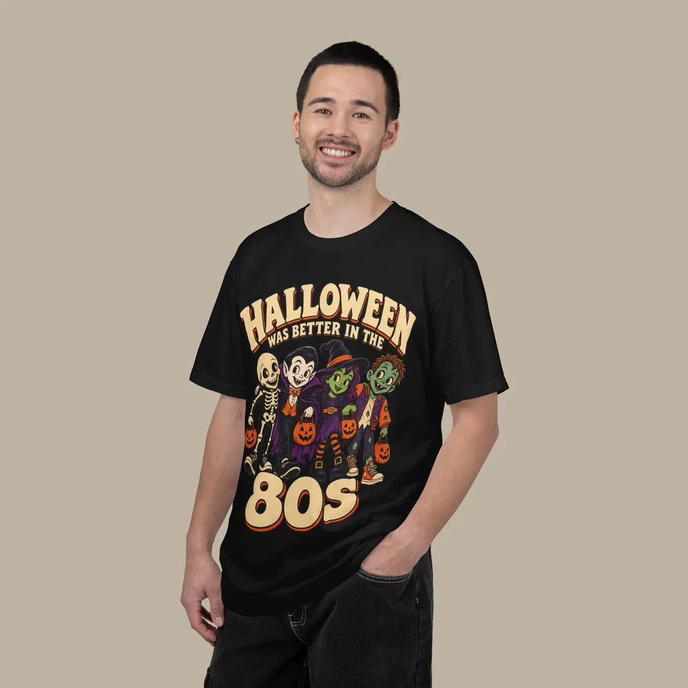 Halloween Was Better in the 80s T-Shirt — Retro Costume Gang — accurate finished-product mockup