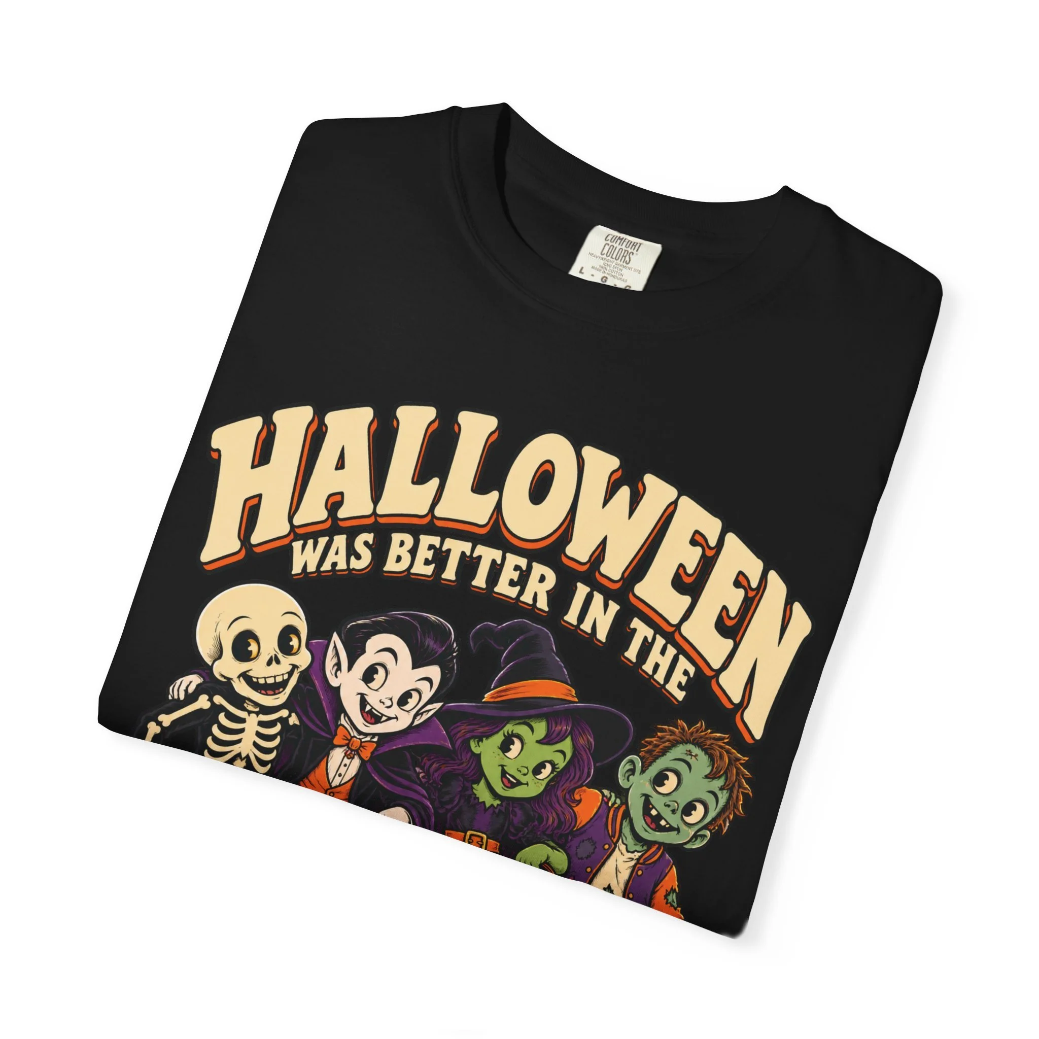 Folded Black retro Halloween tee showing the vintage artwork