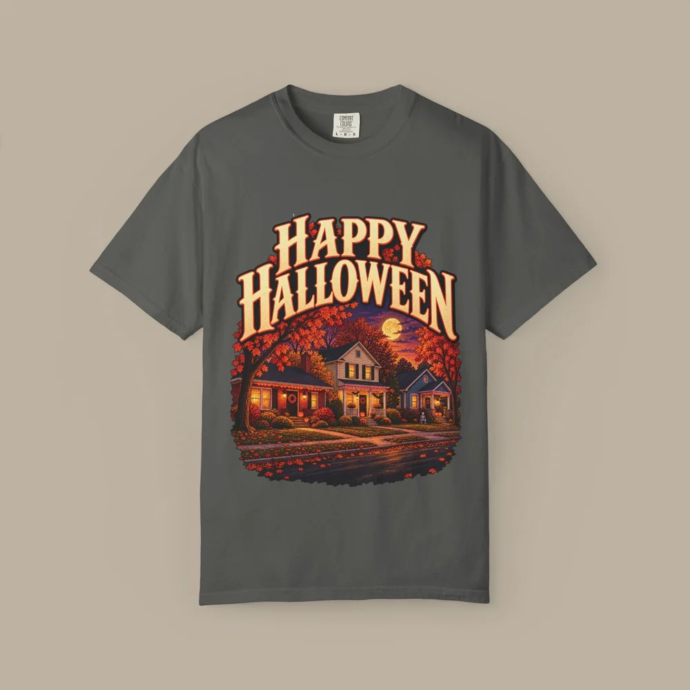 Happy Halloween T-Shirt — Decorated Neighborhood — accurate finished-product mockup