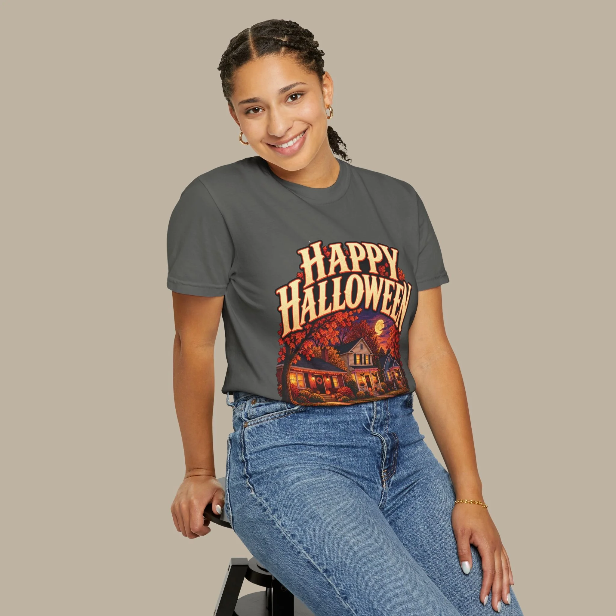 Model wearing Pepper Happy Halloween tee, front view