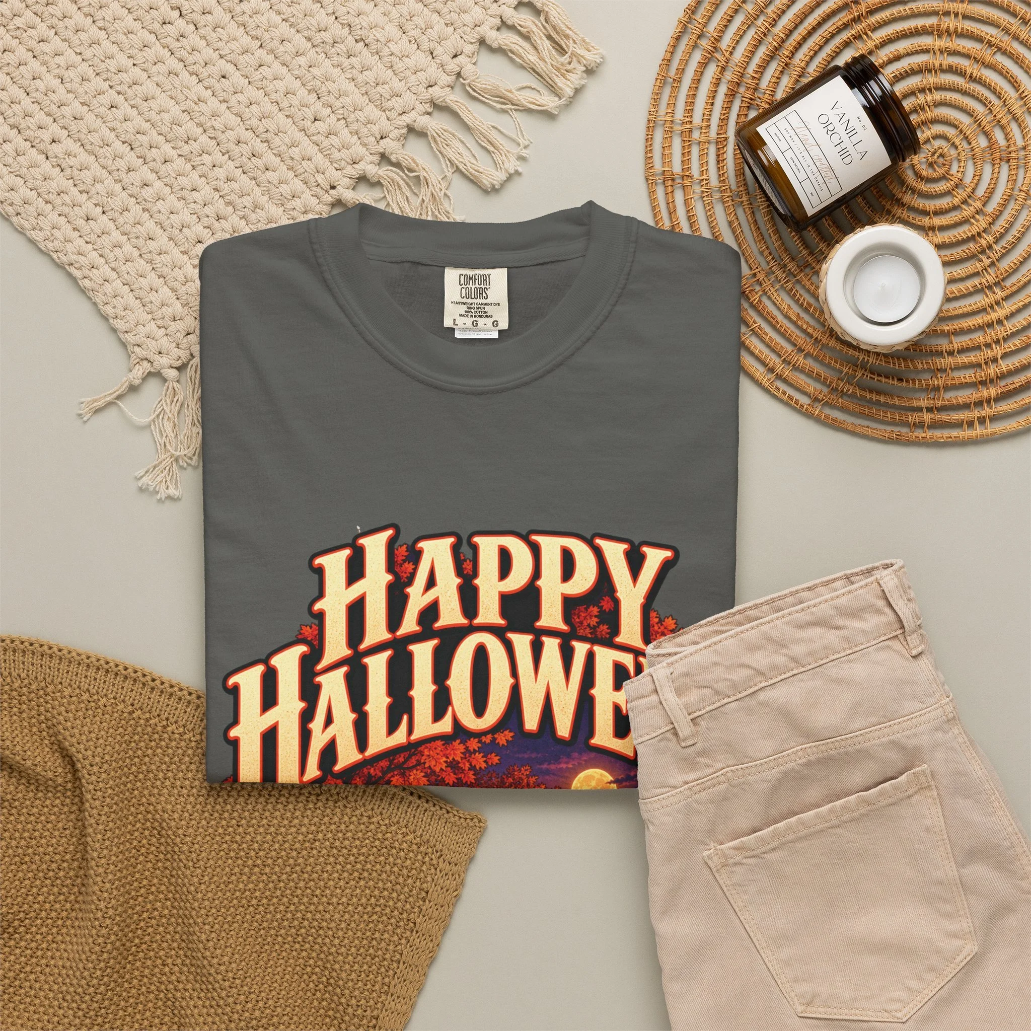 Folded Pepper Happy Halloween tee with styling props