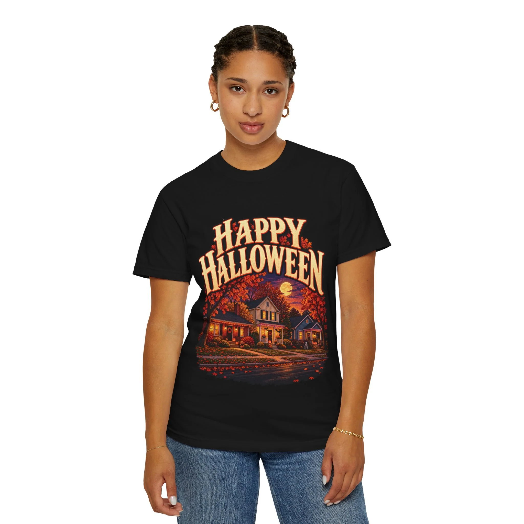 Standing model wearing Black neighborhood Halloween tee