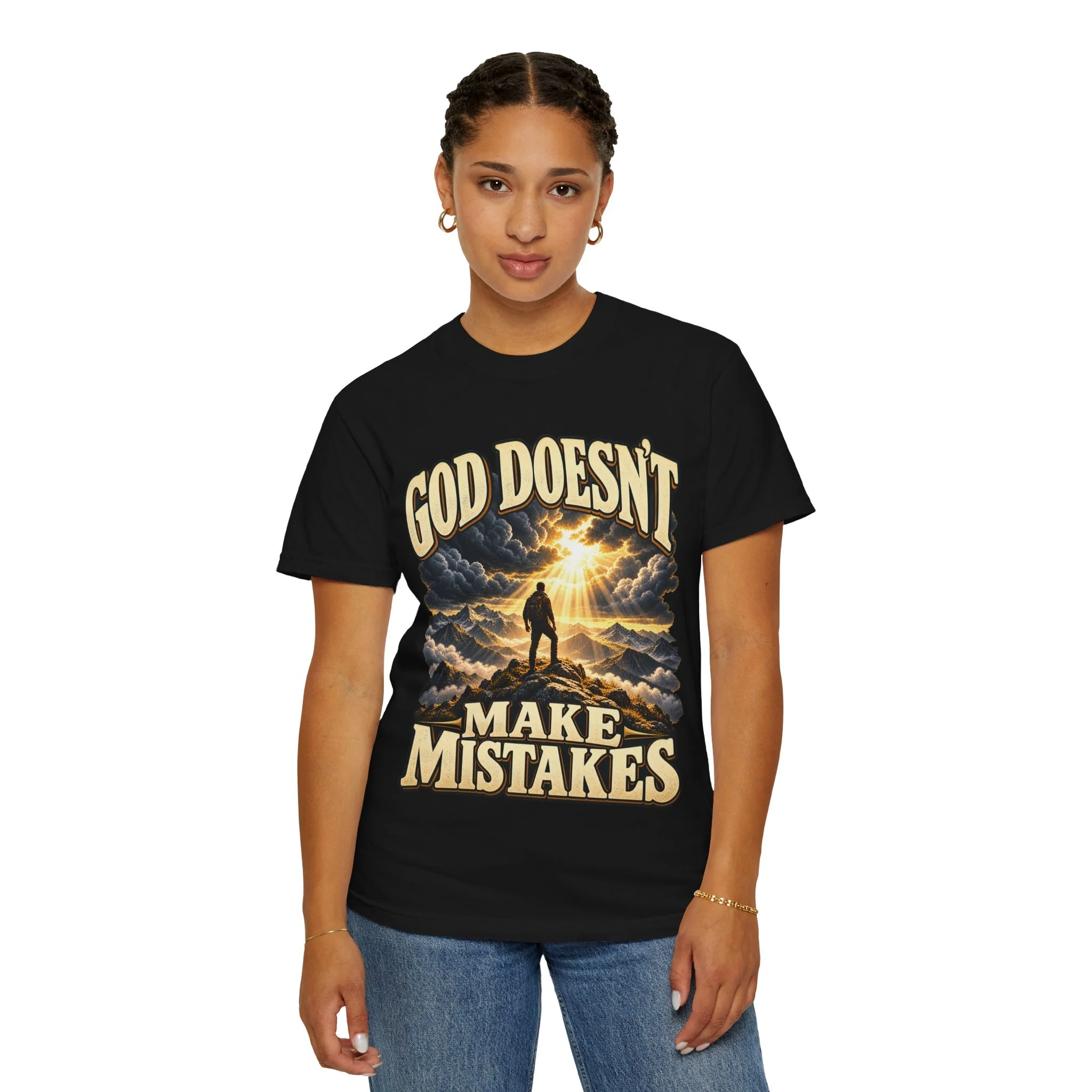 Standing model wearing Black God Doesn’t Make Mistakes tee