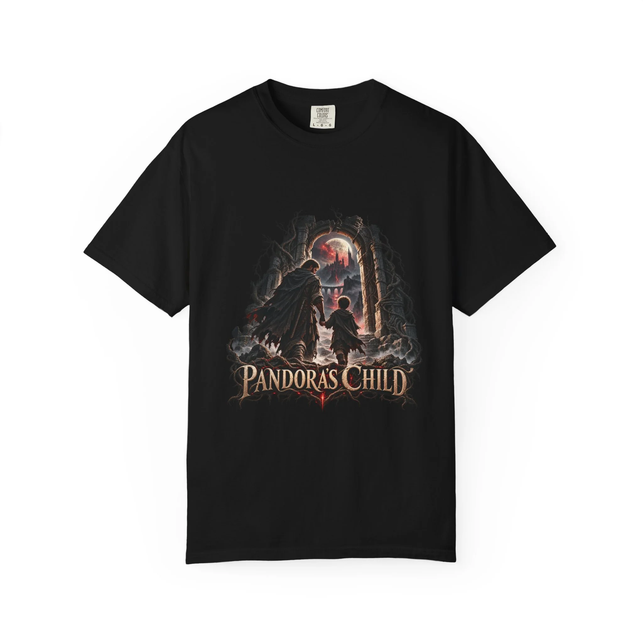 Black tee front showing the complete Pandora’s Child father-and-child portal artwork