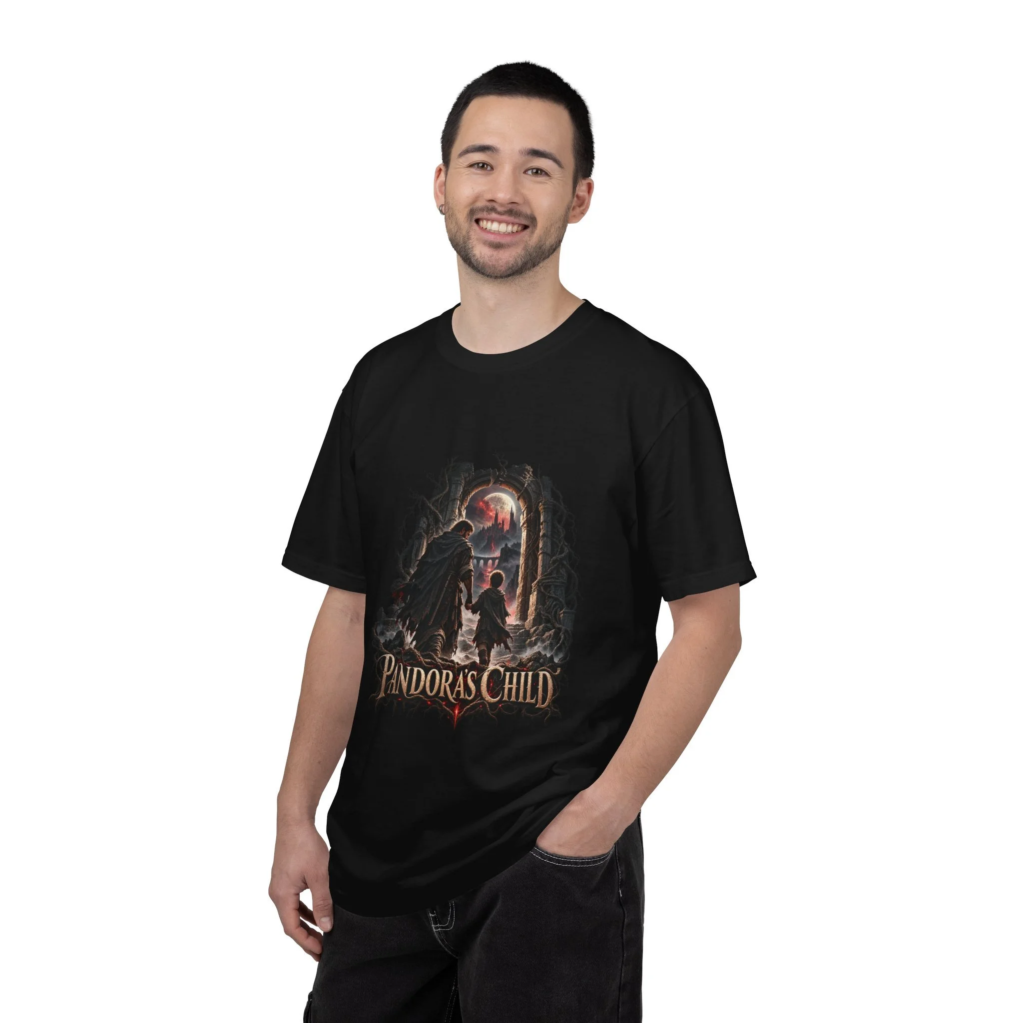 Model wearing the Black Pandora’s Child Father and Child tee
