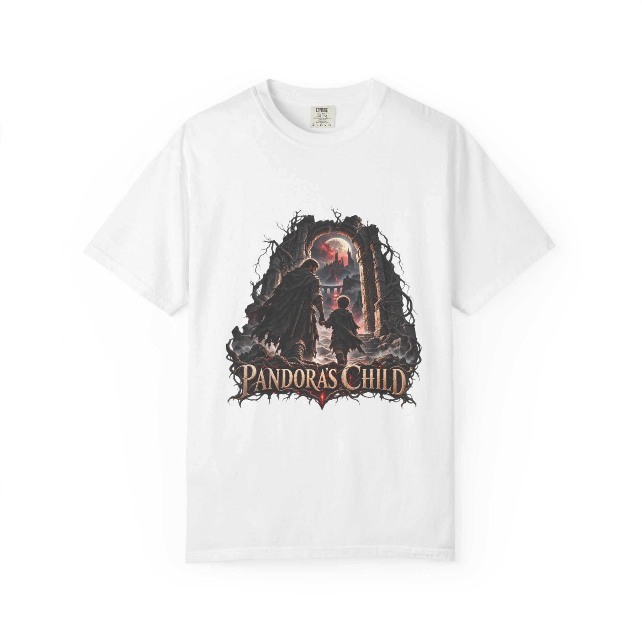 White tee front showing the complete Pandora’s Child father-and-child portal artwork
