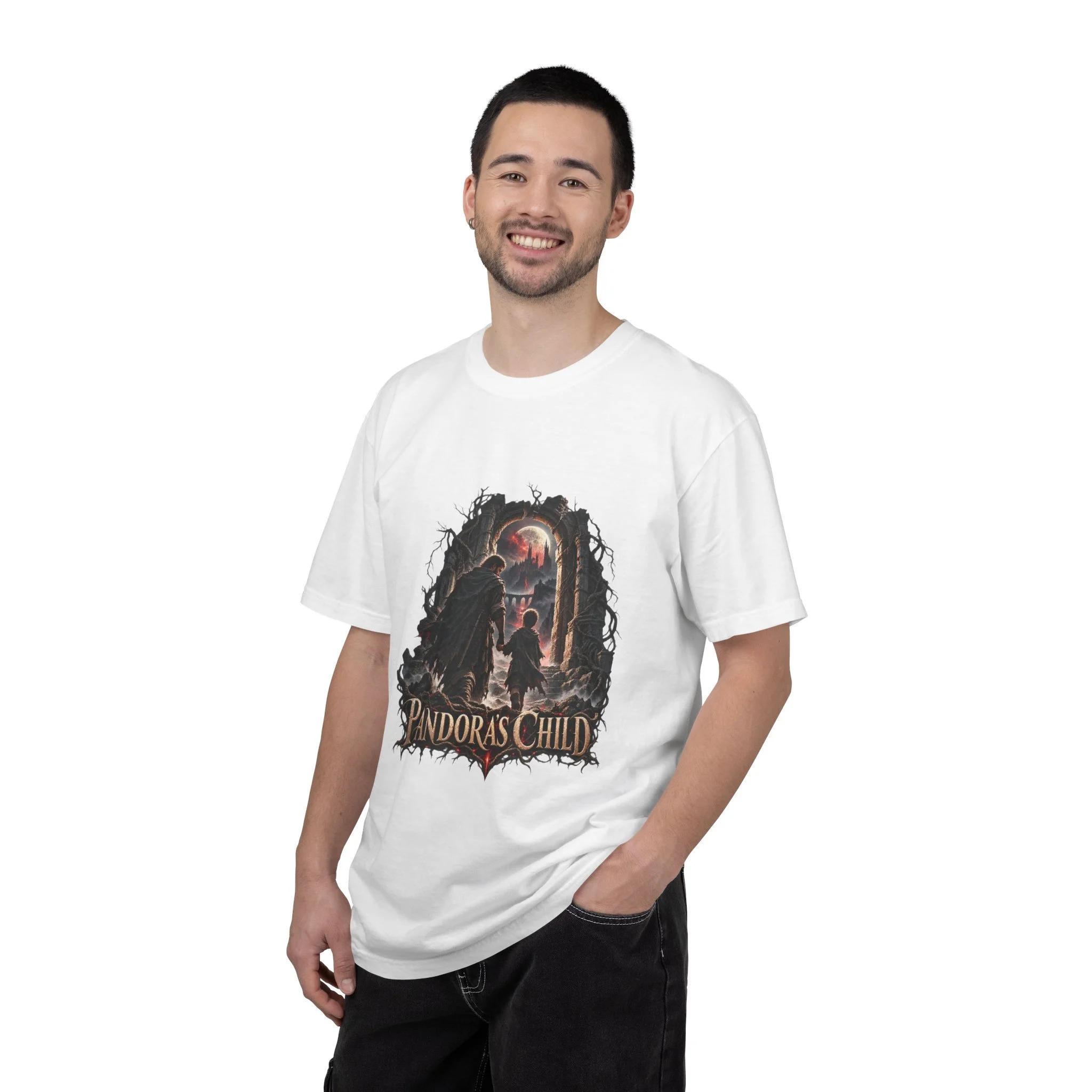 Model wearing the White Pandora’s Child Father and Child tee