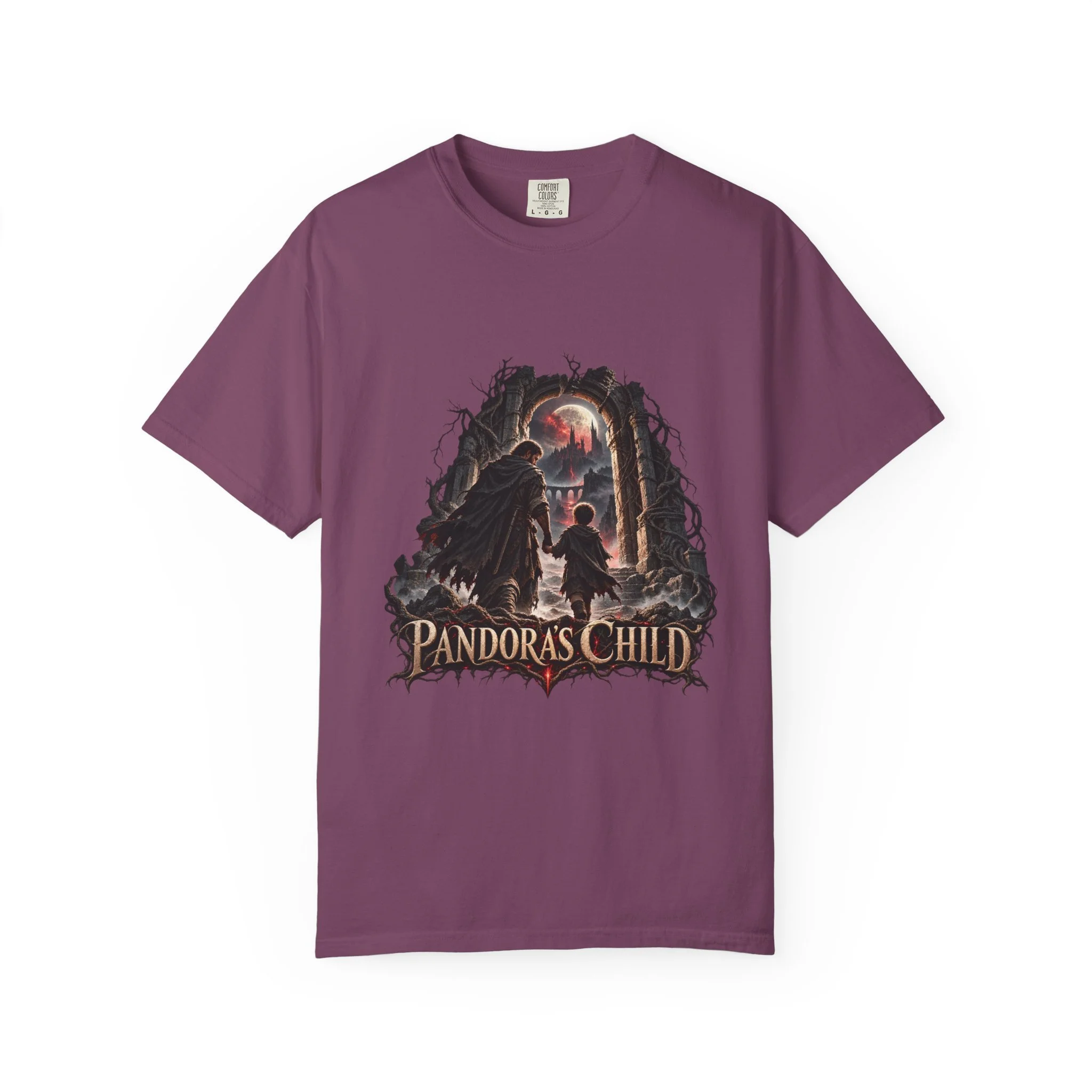 Berry tee front showing the complete Pandora’s Child father-and-child portal artwork