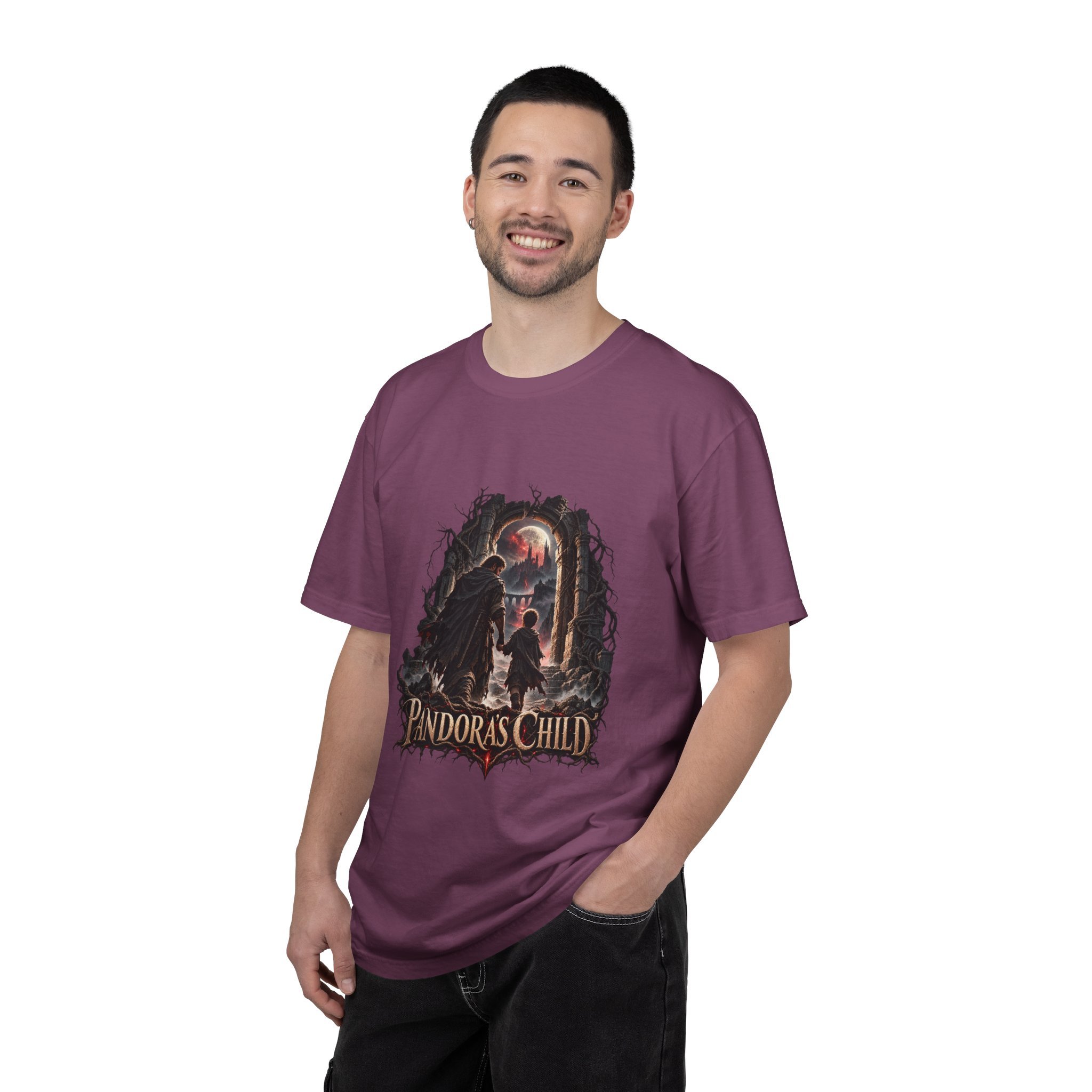 Model wearing the Berry Pandora’s Child Father and Child tee