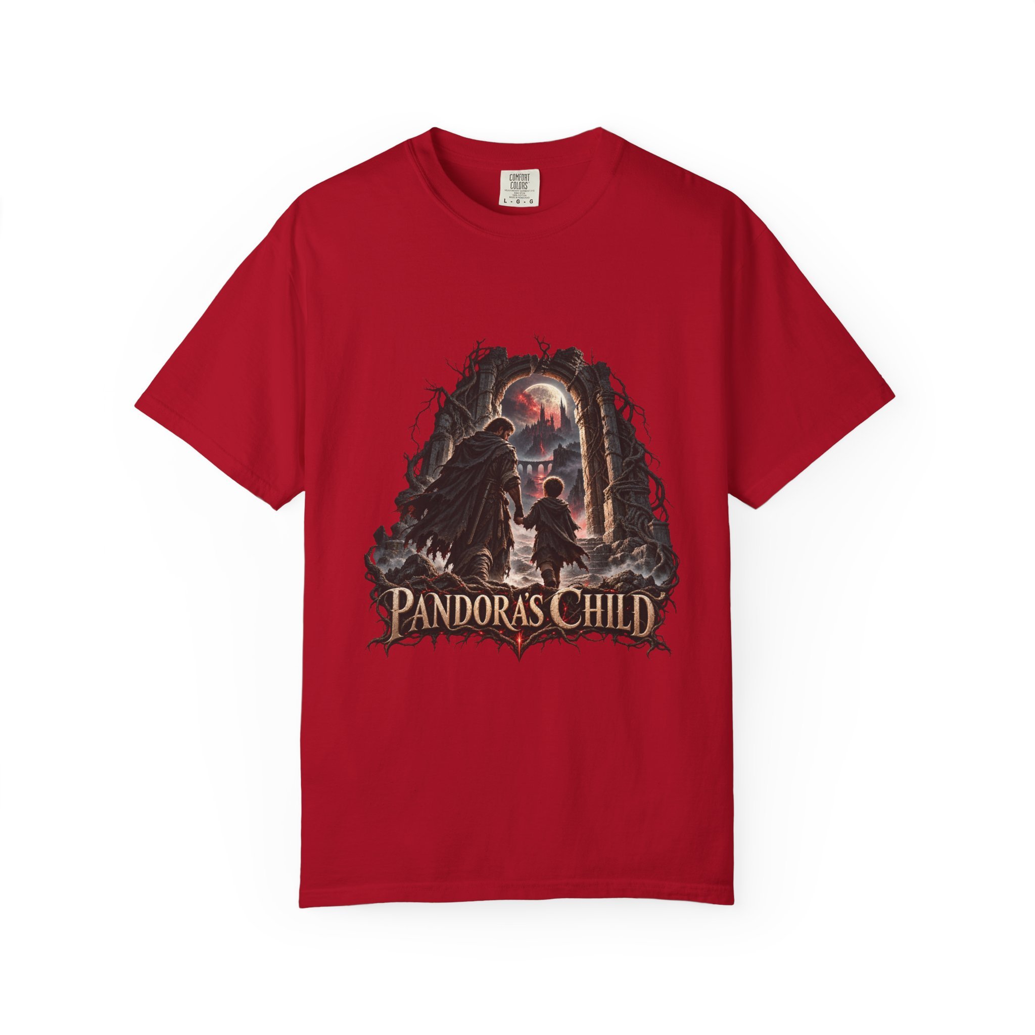 Red tee front showing the complete Pandora’s Child father-and-child portal artwork