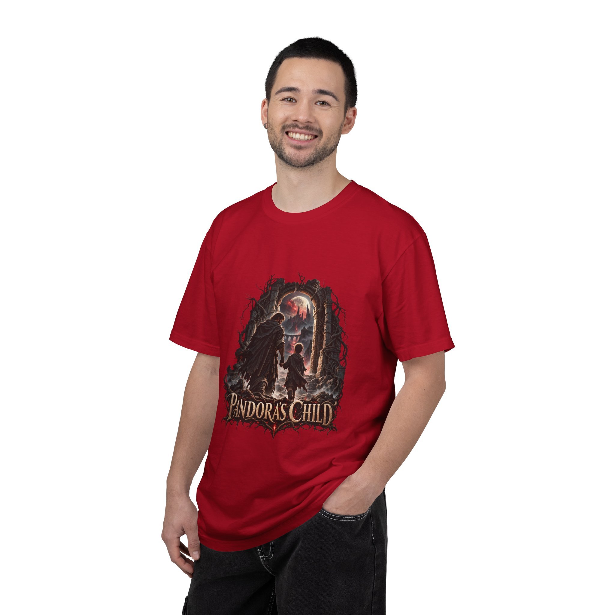 Model wearing the Red Pandora’s Child Father and Child tee