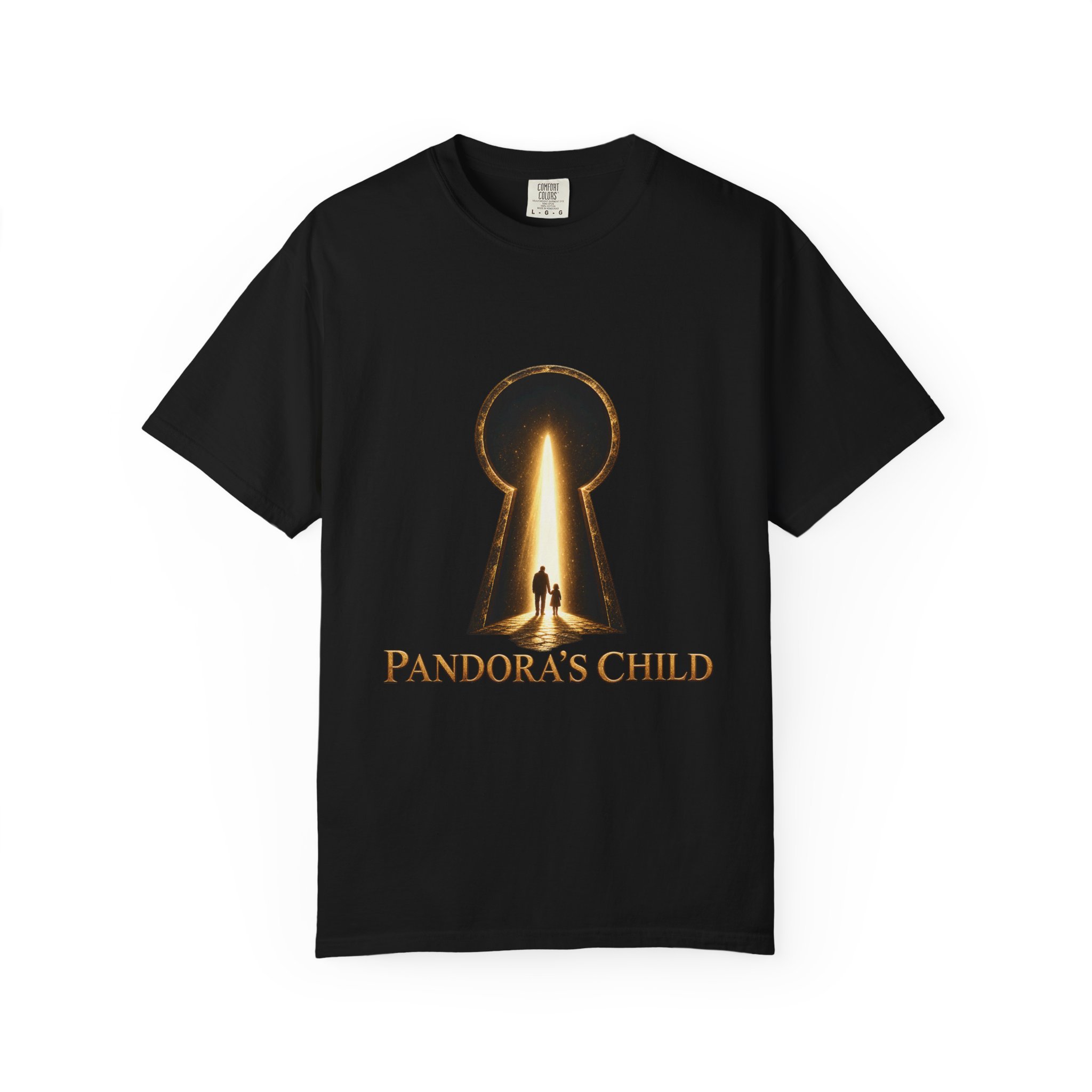 Black tee front with the complete Pandora’s Child glowing keyhole and figures design