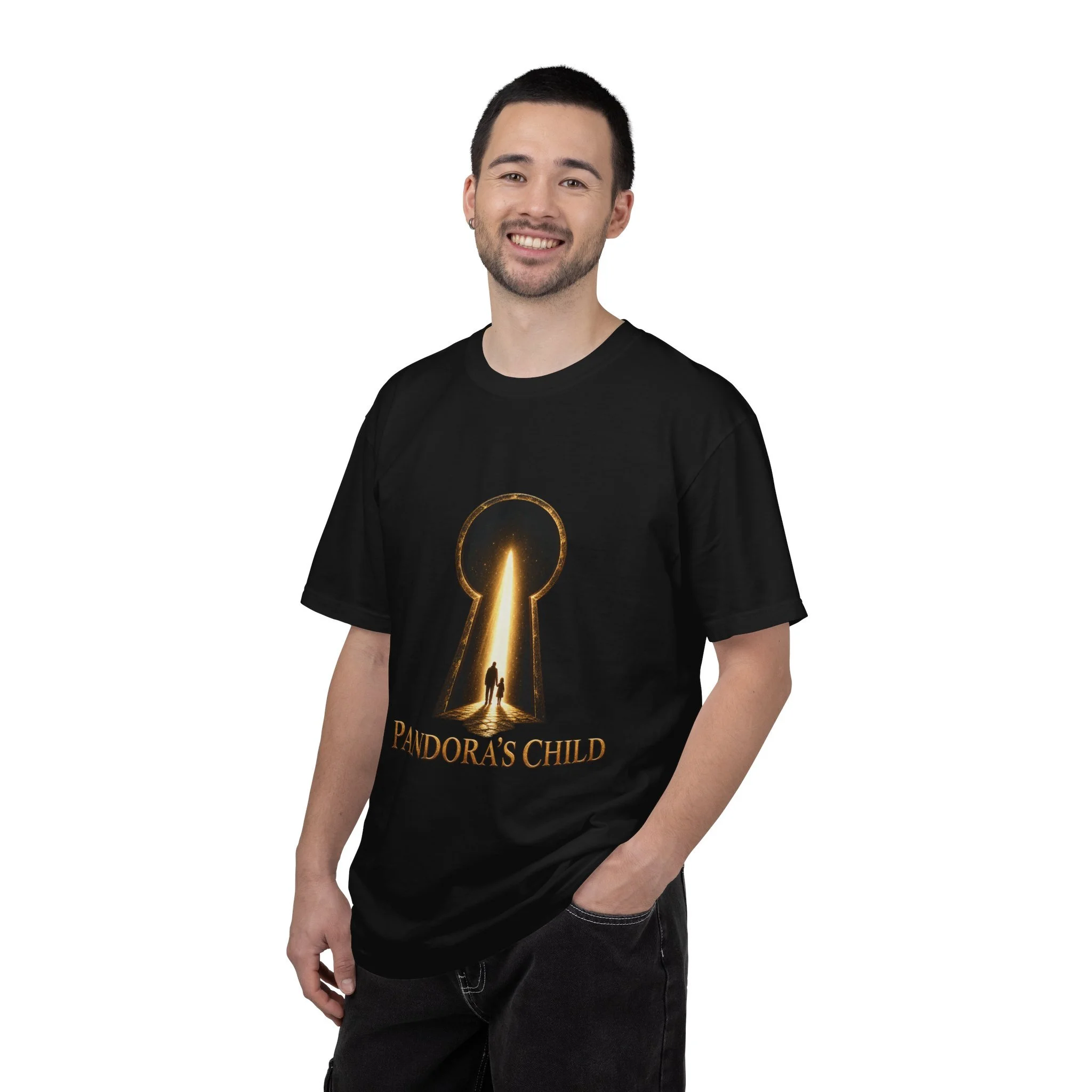 Model wearing the Black Pandora’s Child Keyhole tee