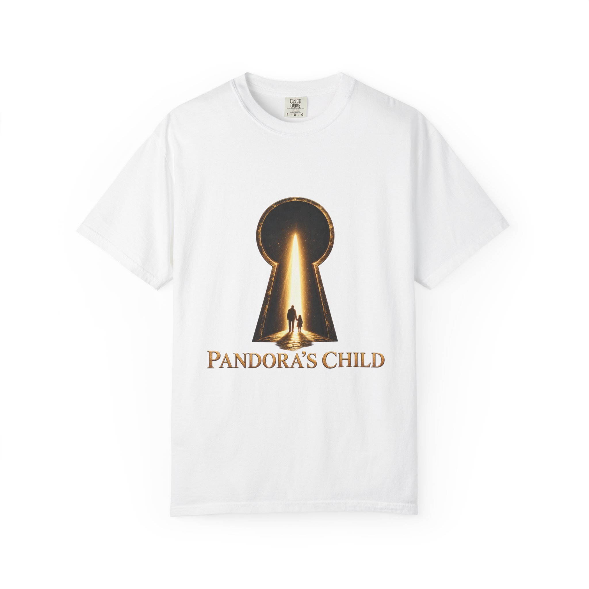 White tee front with the complete Pandora’s Child glowing keyhole and figures design