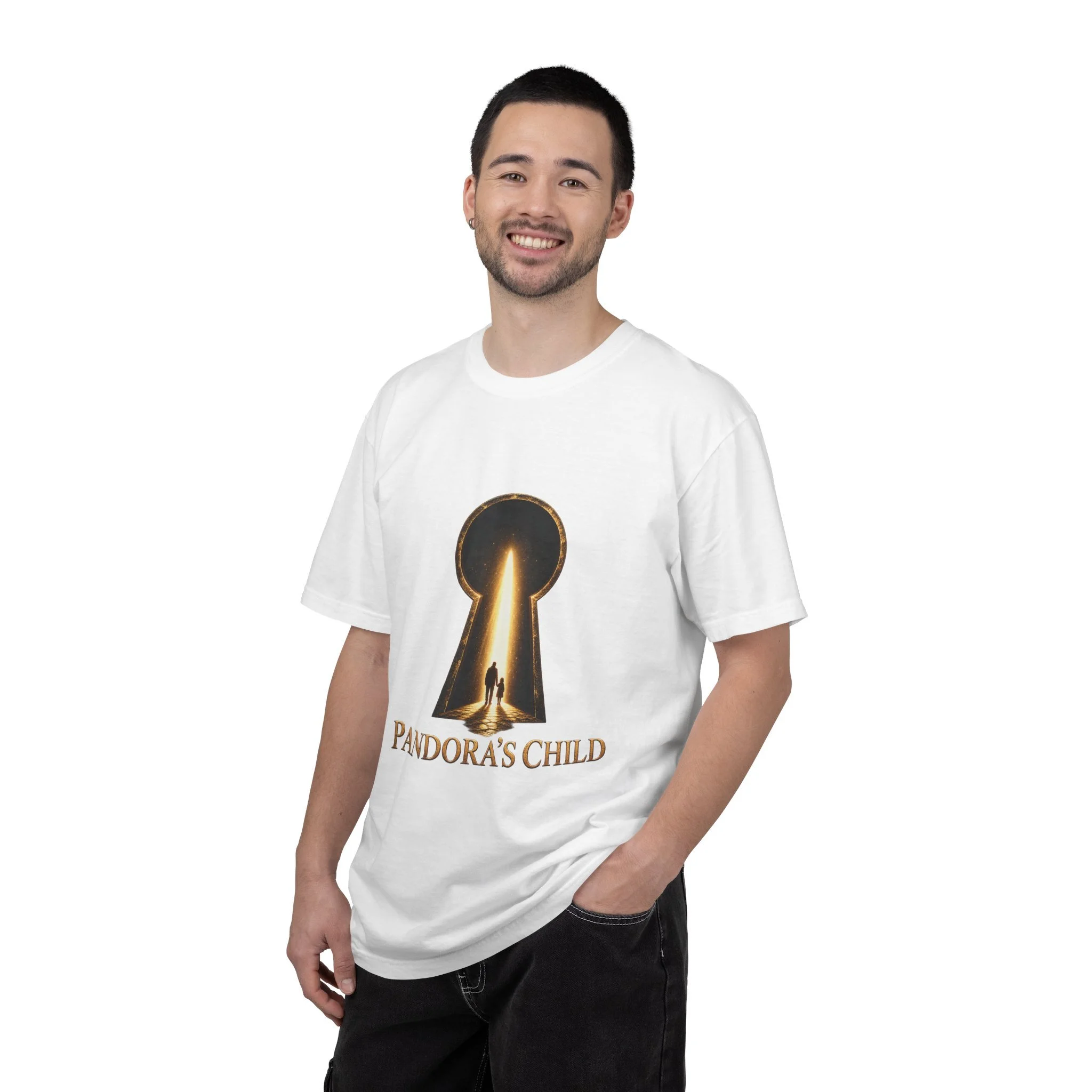 Model wearing the White Pandora’s Child Keyhole tee