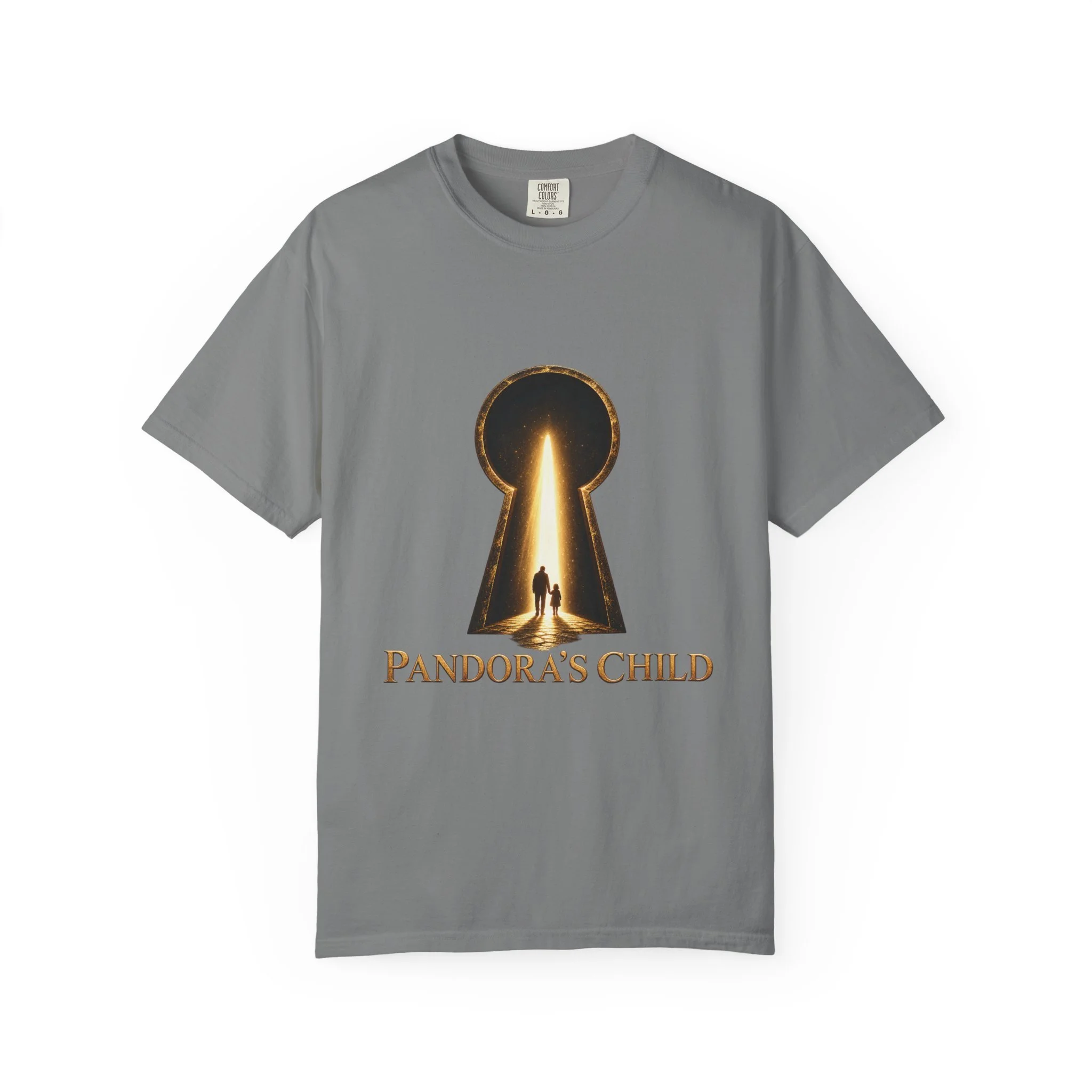 Grey tee front with the complete Pandora’s Child glowing keyhole and figures design