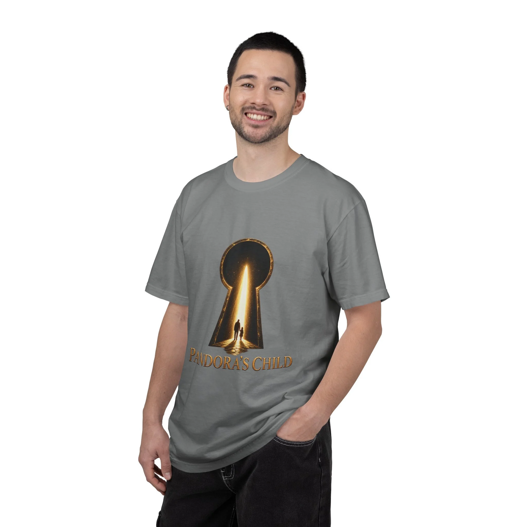 Model wearing the Grey Pandora’s Child Keyhole tee
