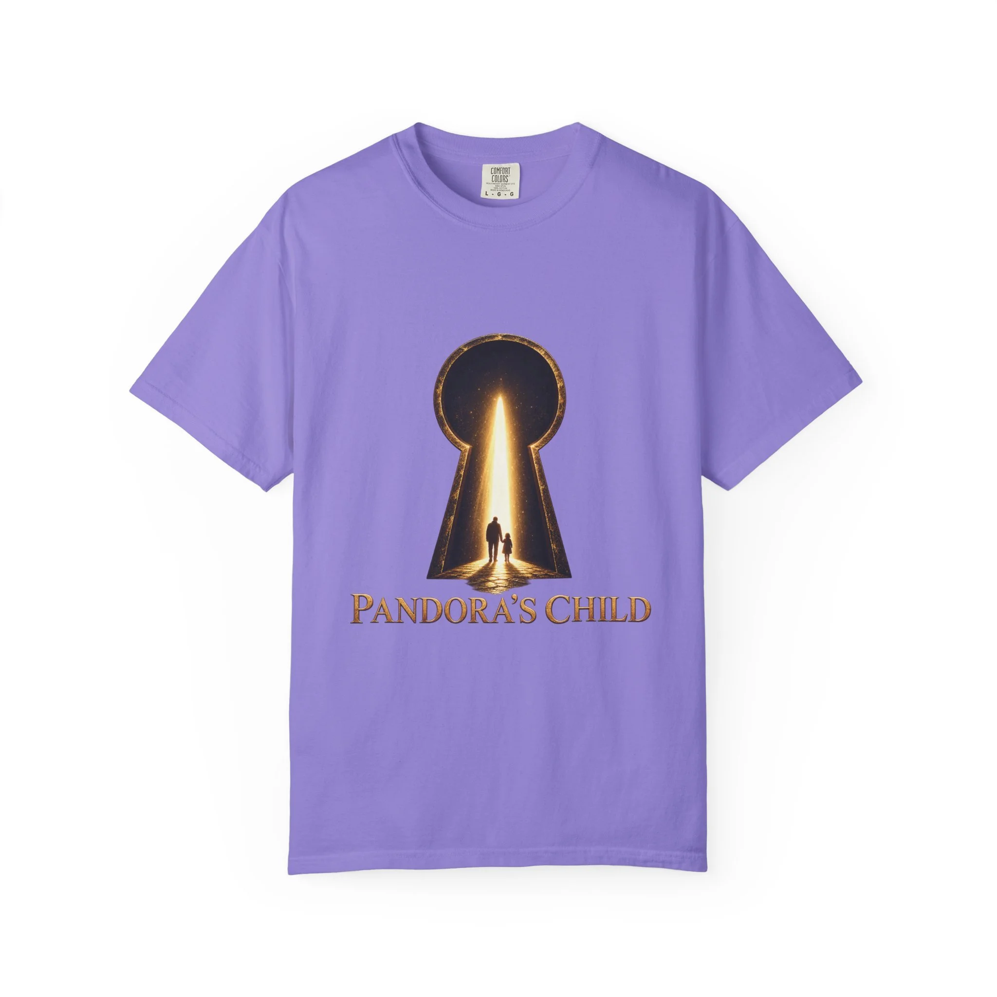 Violet tee front with the complete Pandora’s Child glowing keyhole and figures design