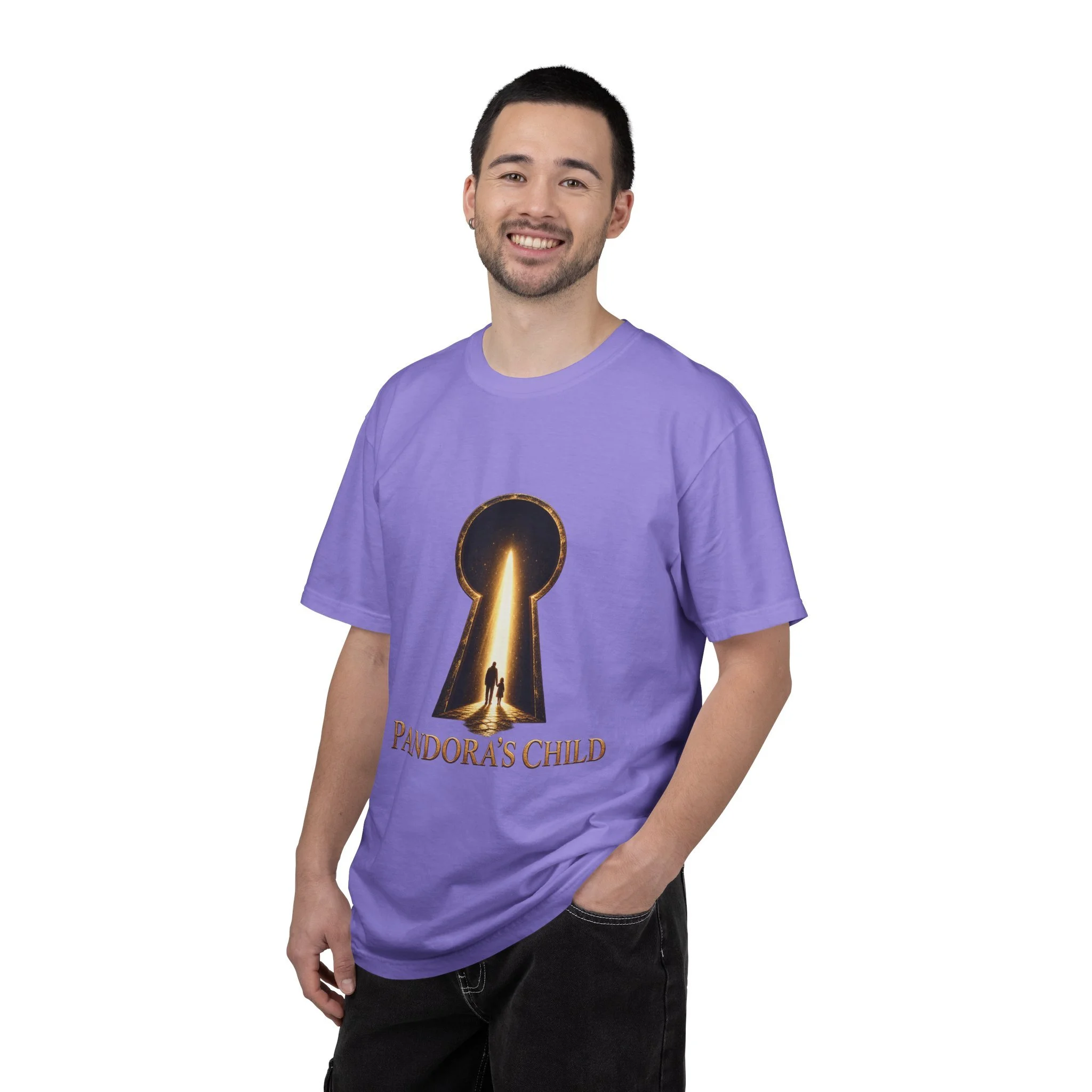 Model wearing the Violet Pandora’s Child Keyhole tee