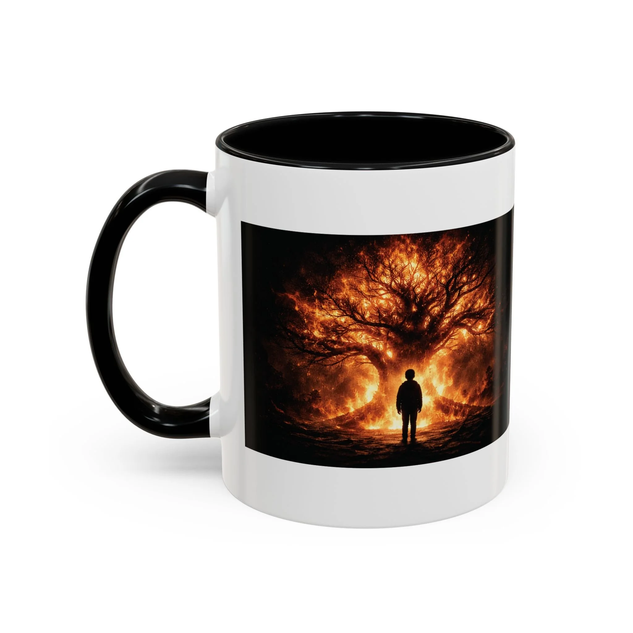 Pandora’s Child 11oz ceramic coffee mug with black interior and handle, showing the full fiery tree and silhouetted figure artwork on one side.