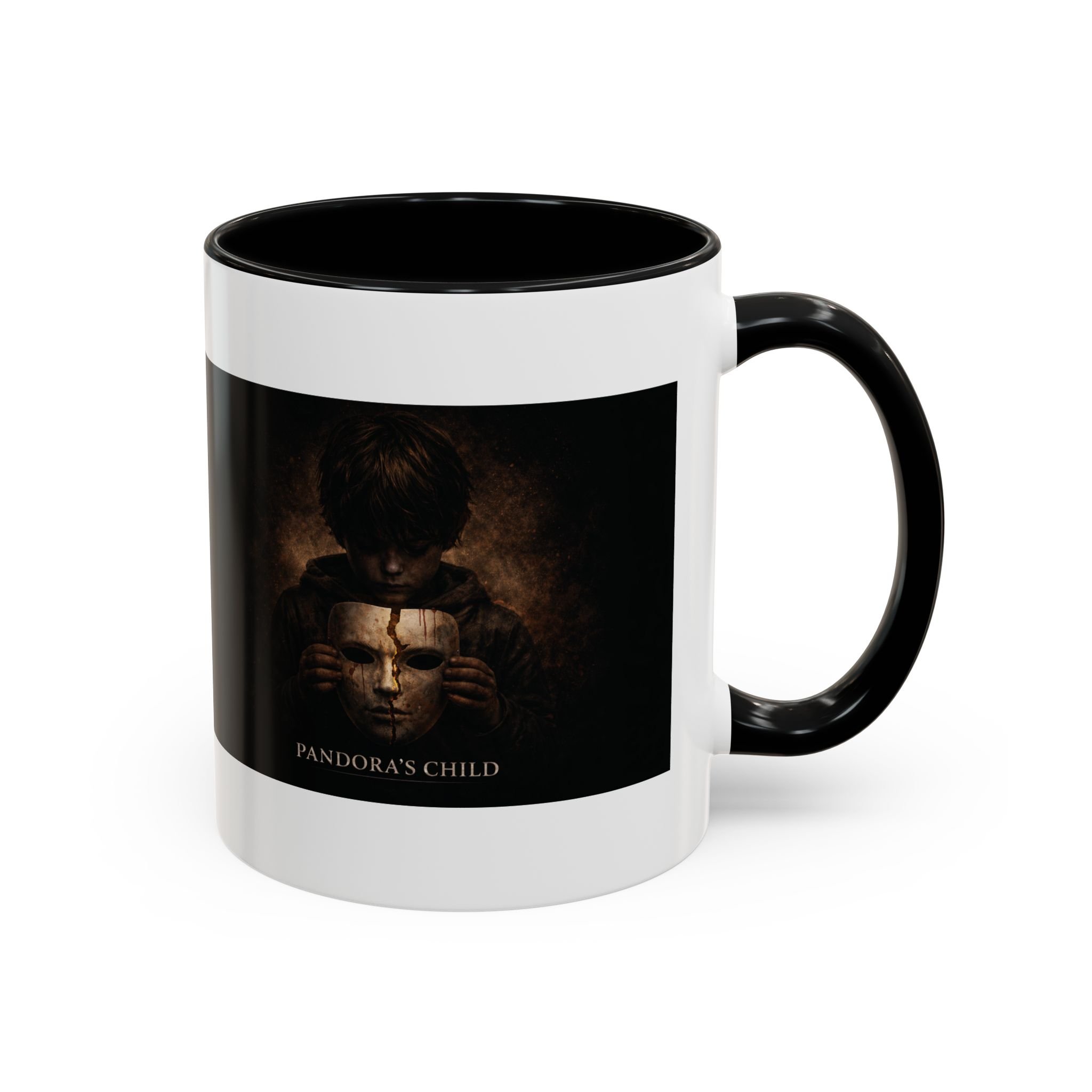 Pandora’s Child 11oz ceramic coffee mug with black interior and handle, showing the full child, cracked mask and Pandora’s Child title on the opposite side.