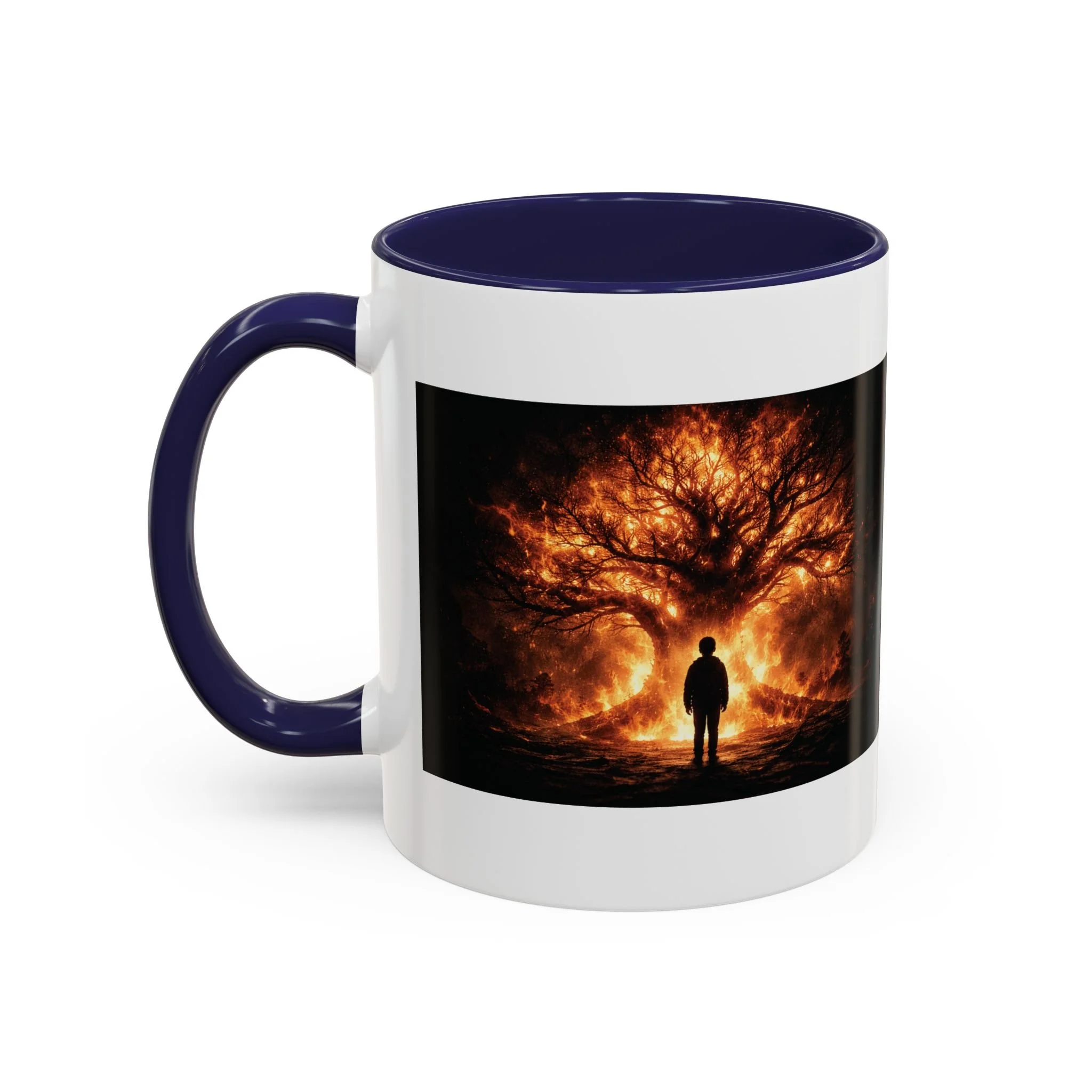 Pandora’s Child 11oz ceramic coffee mug with navy interior and handle, showing the full fiery tree and silhouetted figure artwork on one side.