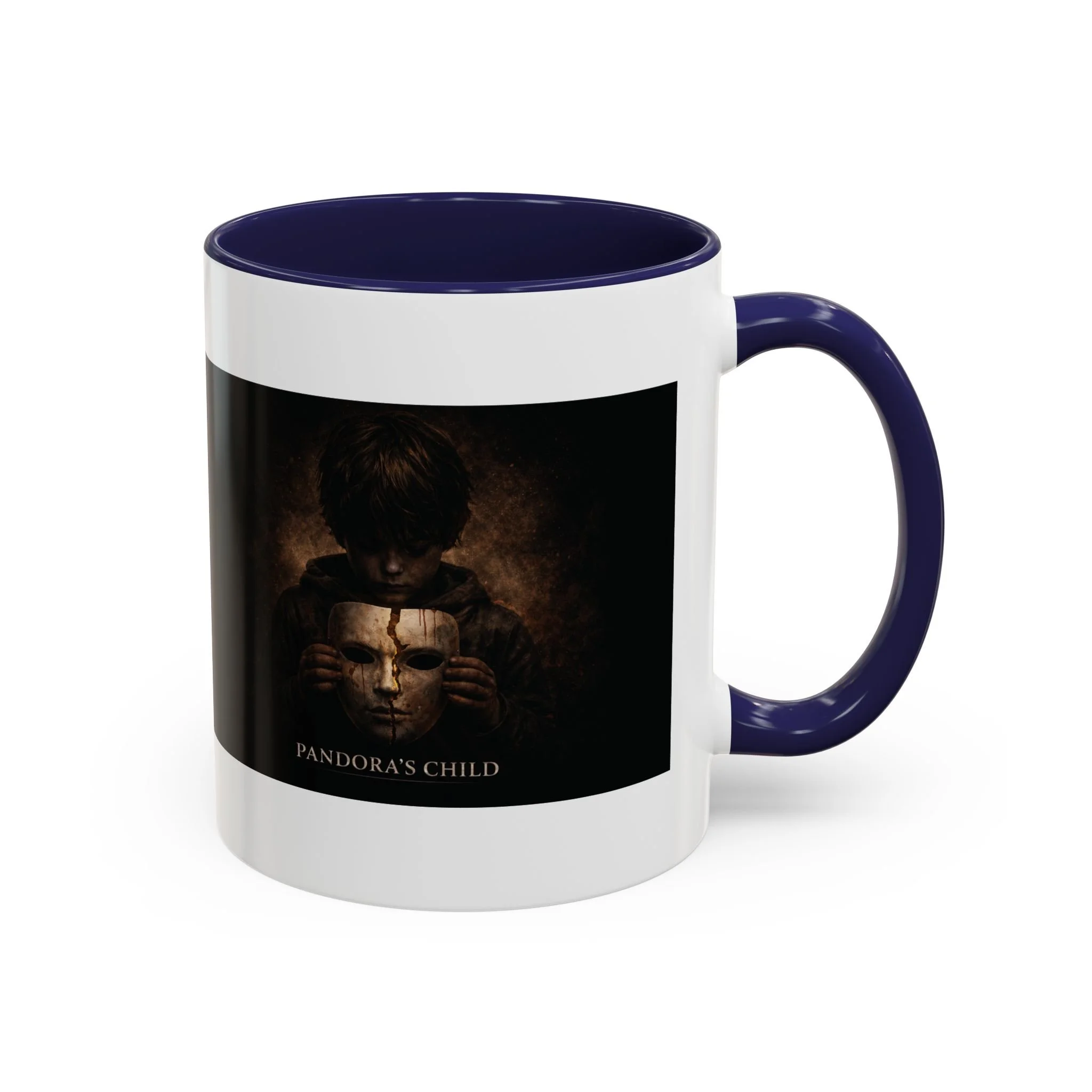 Pandora’s Child 11oz ceramic coffee mug with navy interior and handle, showing the full child, cracked mask and Pandora’s Child title on the opposite side.
