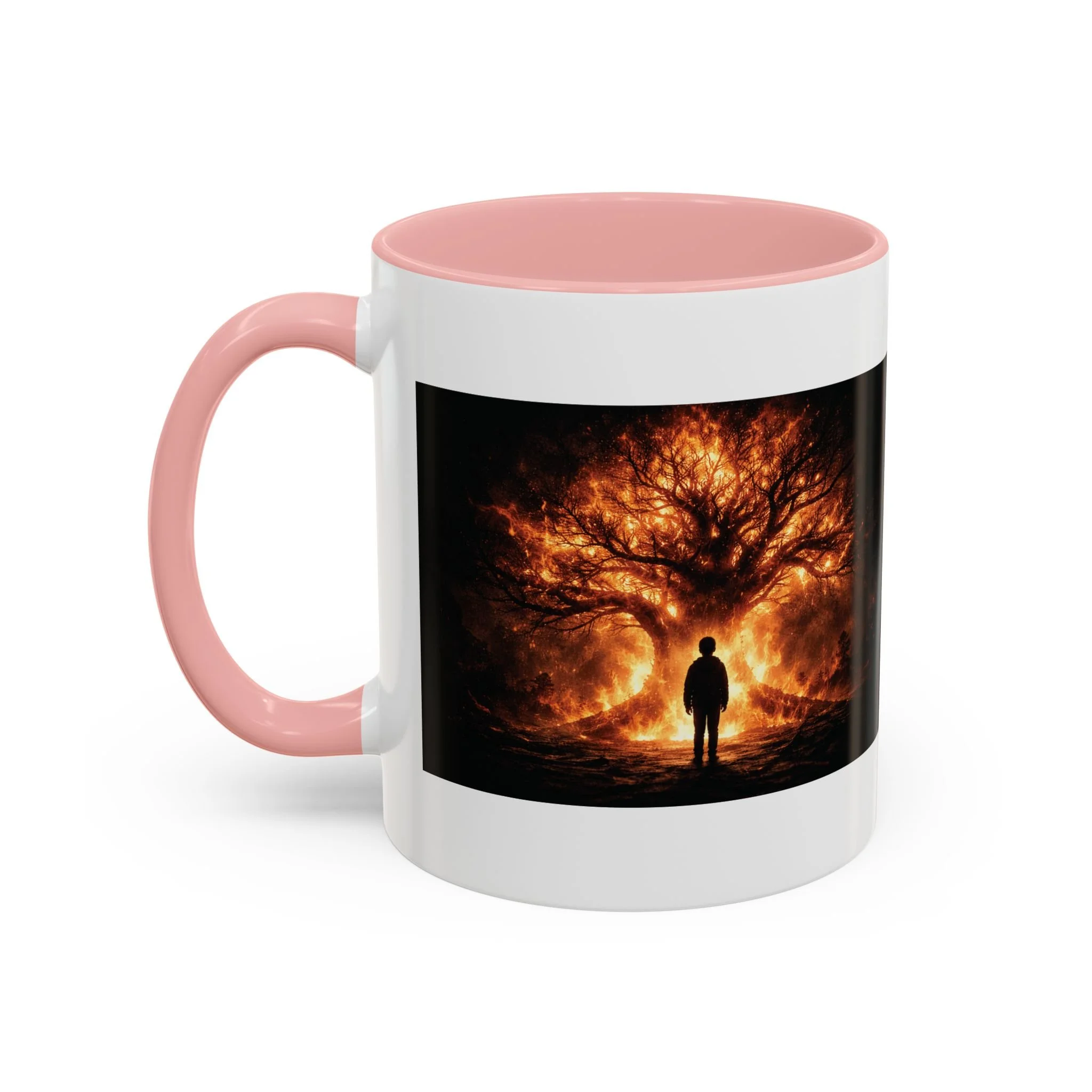 Pandora’s Child 11oz ceramic coffee mug with pink interior and handle, showing the full fiery tree and silhouetted figure artwork on one side.