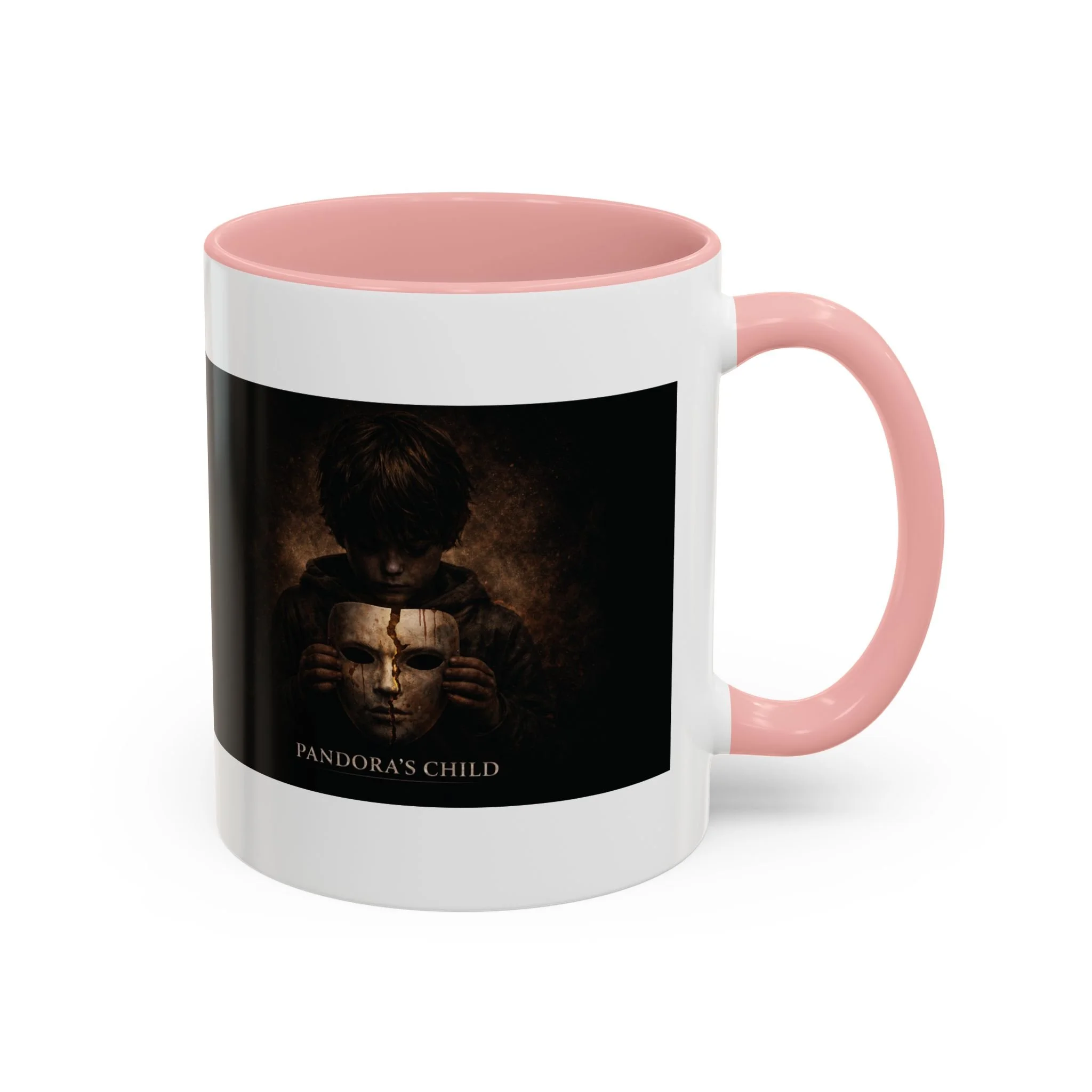Pandora’s Child 11oz ceramic coffee mug with pink interior and handle, showing the full child, cracked mask and Pandora’s Child title on the opposite side.