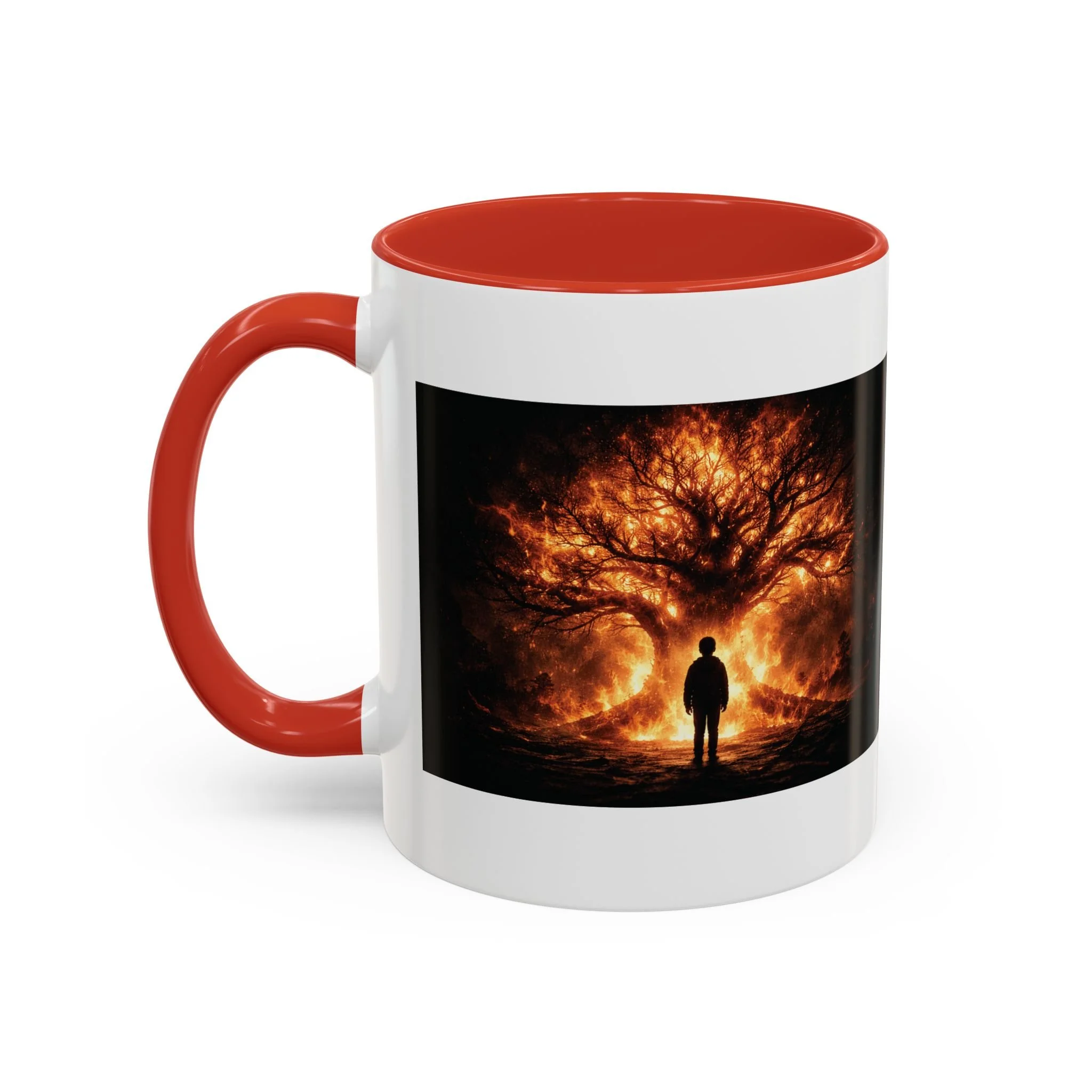 Pandora’s Child 11oz ceramic coffee mug with red interior and handle, showing the full fiery tree and silhouetted figure artwork on one side.