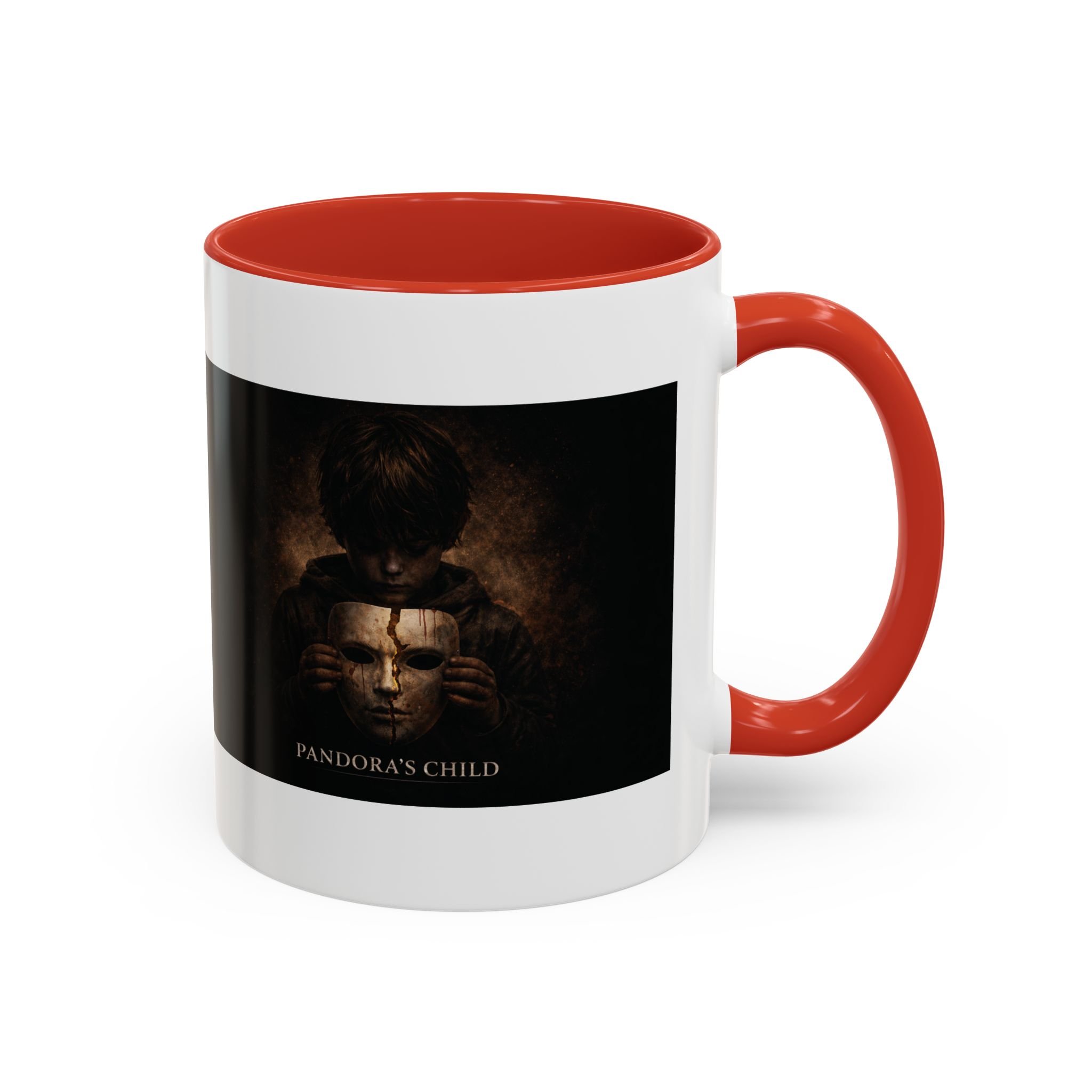 Pandora’s Child 11oz ceramic coffee mug with red interior and handle, showing the full child, cracked mask and Pandora’s Child title on the opposite side.