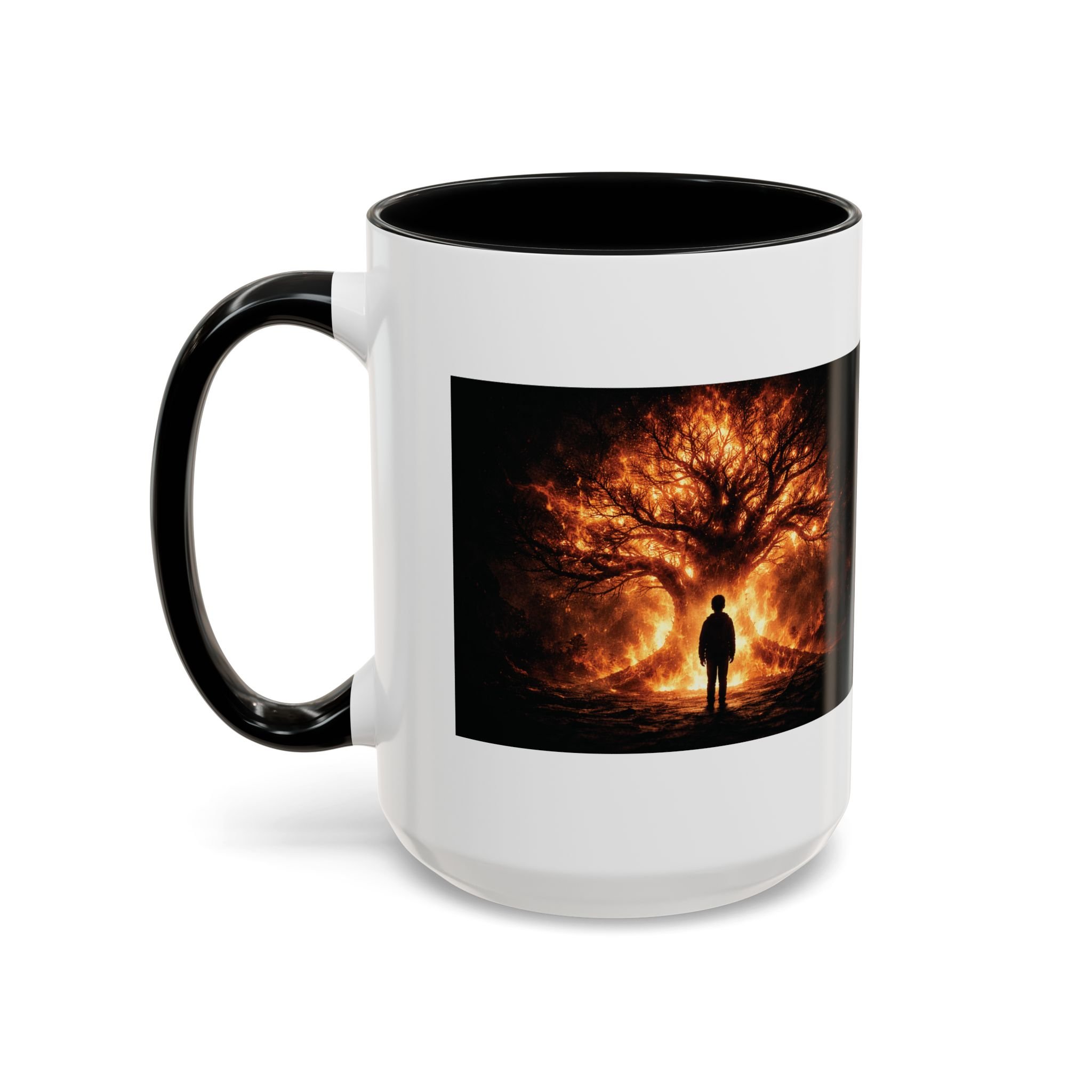 Pandora’s Child 15oz ceramic coffee mug with black interior and handle, showing the full fiery tree and silhouetted figure artwork on one side.