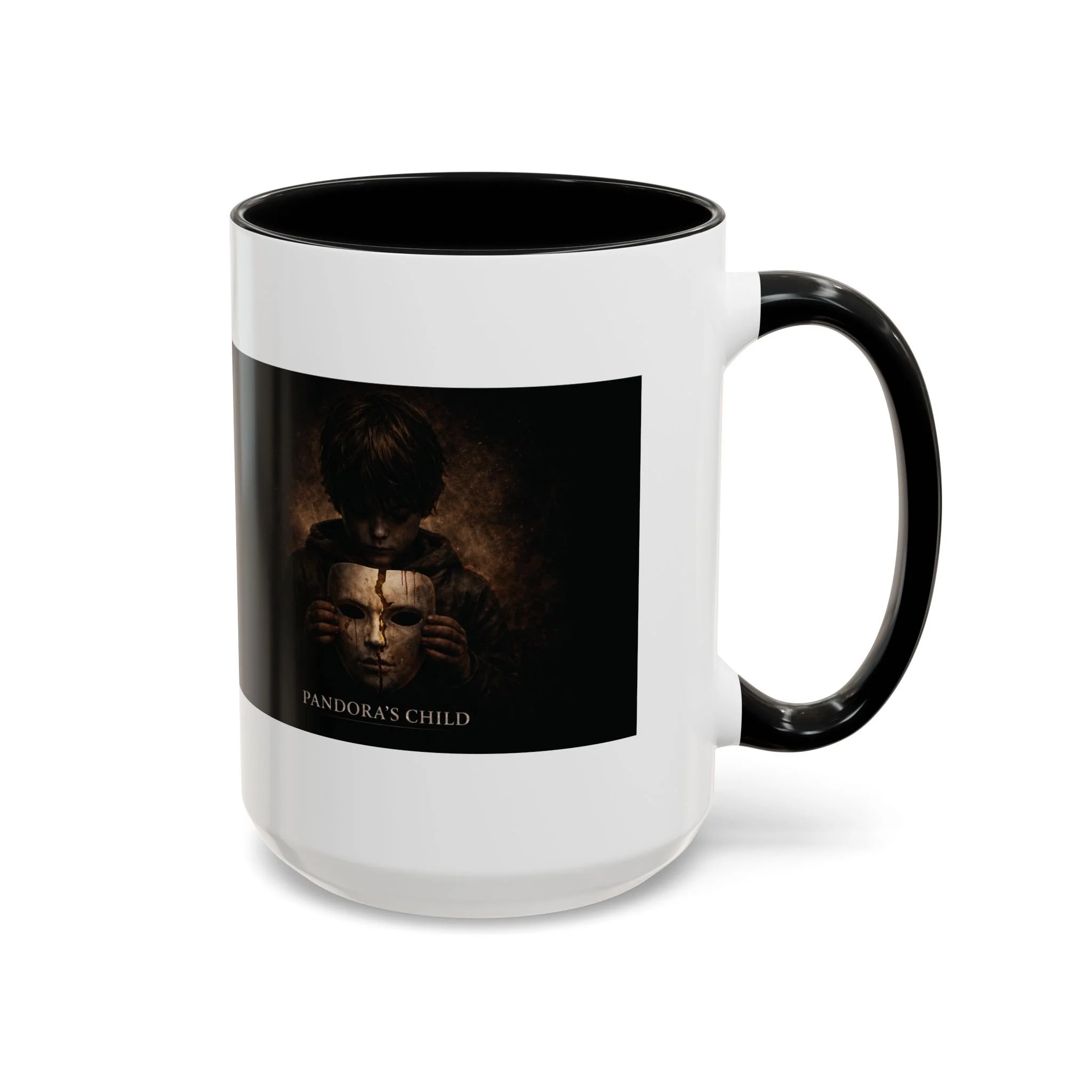 Pandora’s Child 15oz ceramic coffee mug with black interior and handle, showing the full child, cracked mask and Pandora’s Child title on the opposite side.