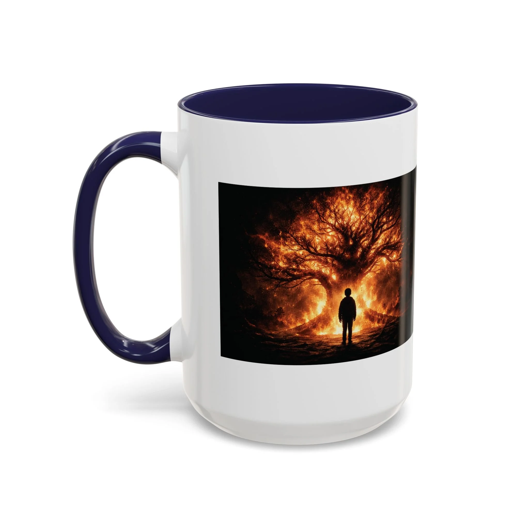 Pandora’s Child 15oz ceramic coffee mug with navy interior and handle, showing the full fiery tree and silhouetted figure artwork on one side.